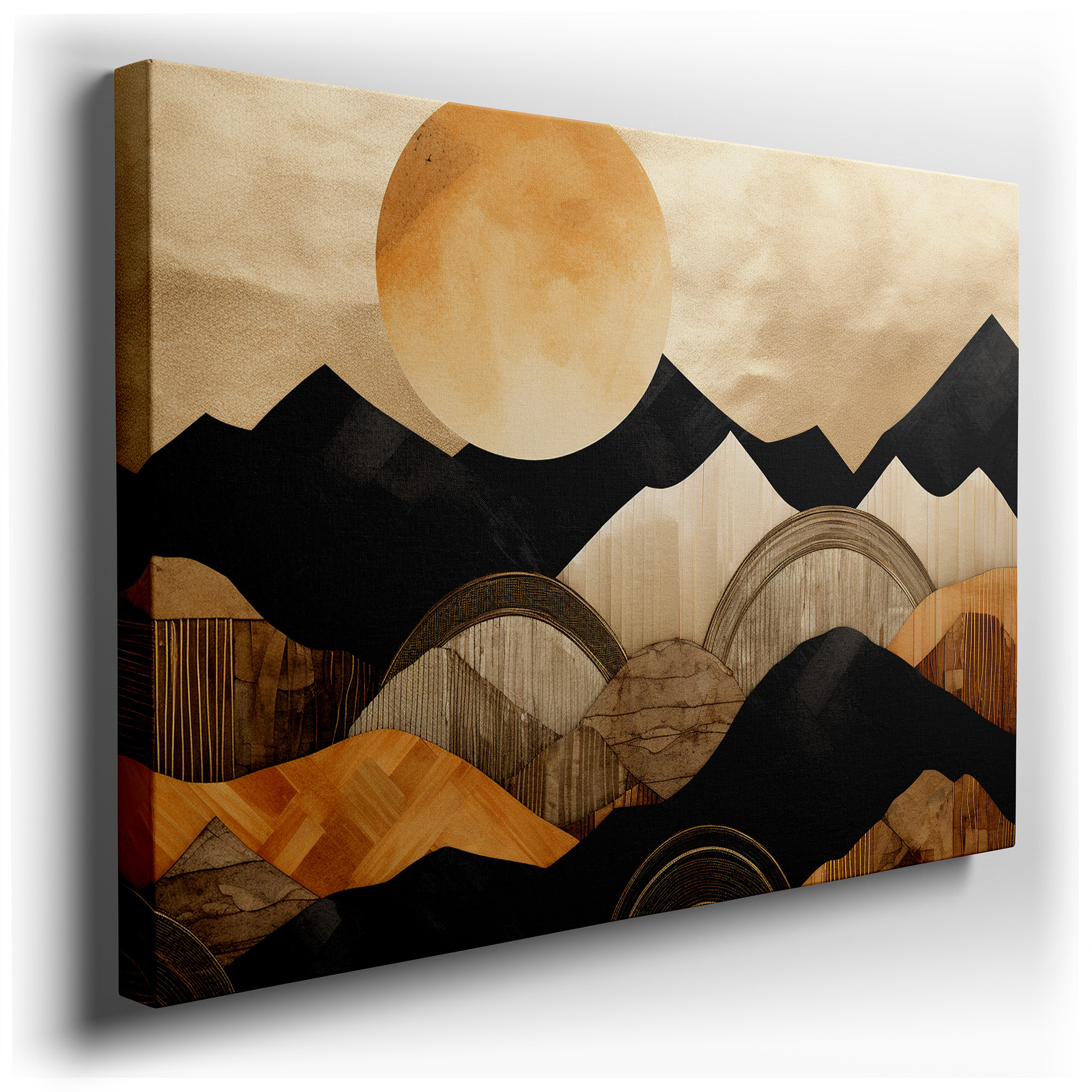 Textured Mountains and Radiant Sun in Warm Tones, Symbolizing Hope and Creativity, Large Wall Art, Canvas Wall Art,