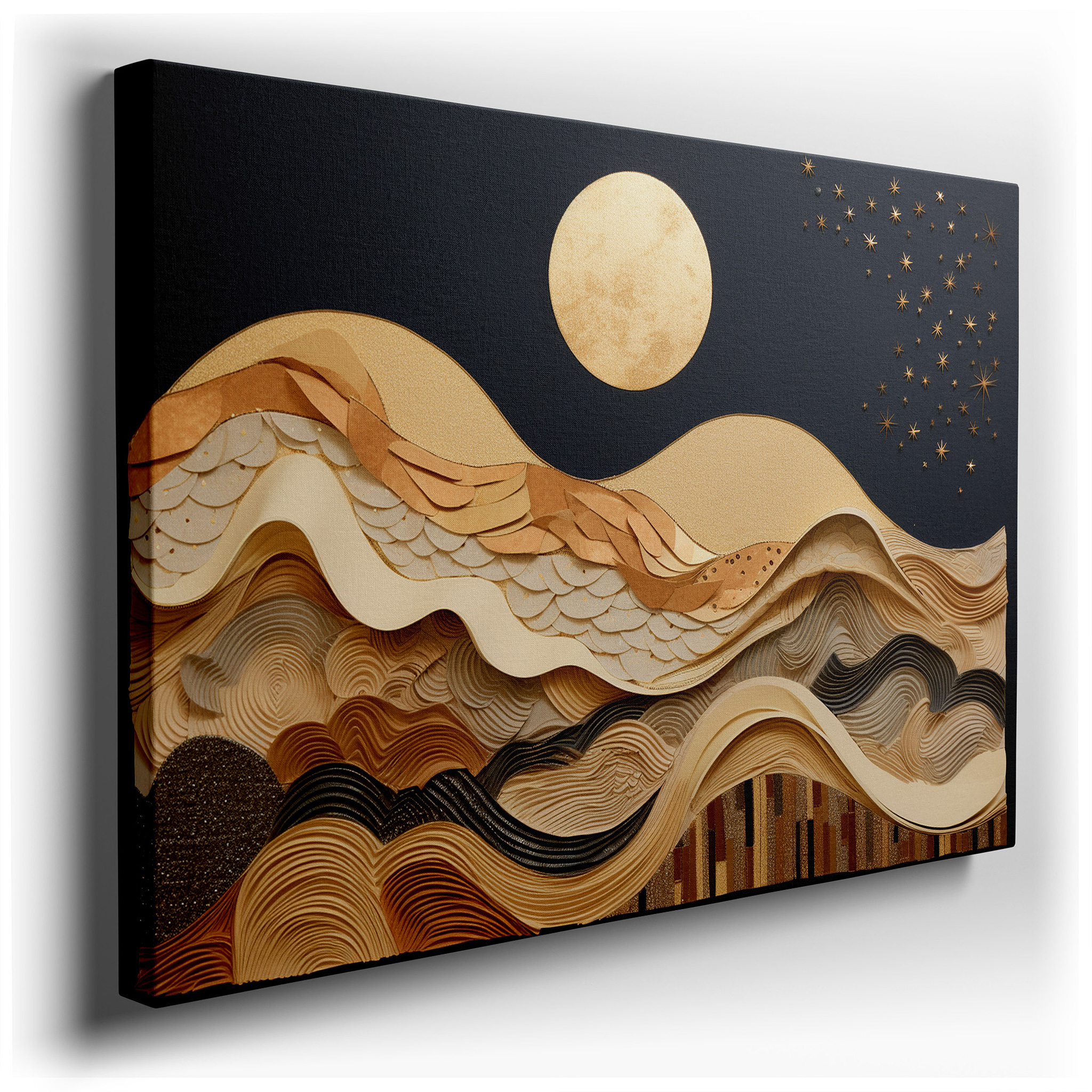 Textured Waves and Golden Moon in a Deep Blue Sky - Capturing Nature's Majestic Beauty Large Wall Art, Canvas Wall Art,