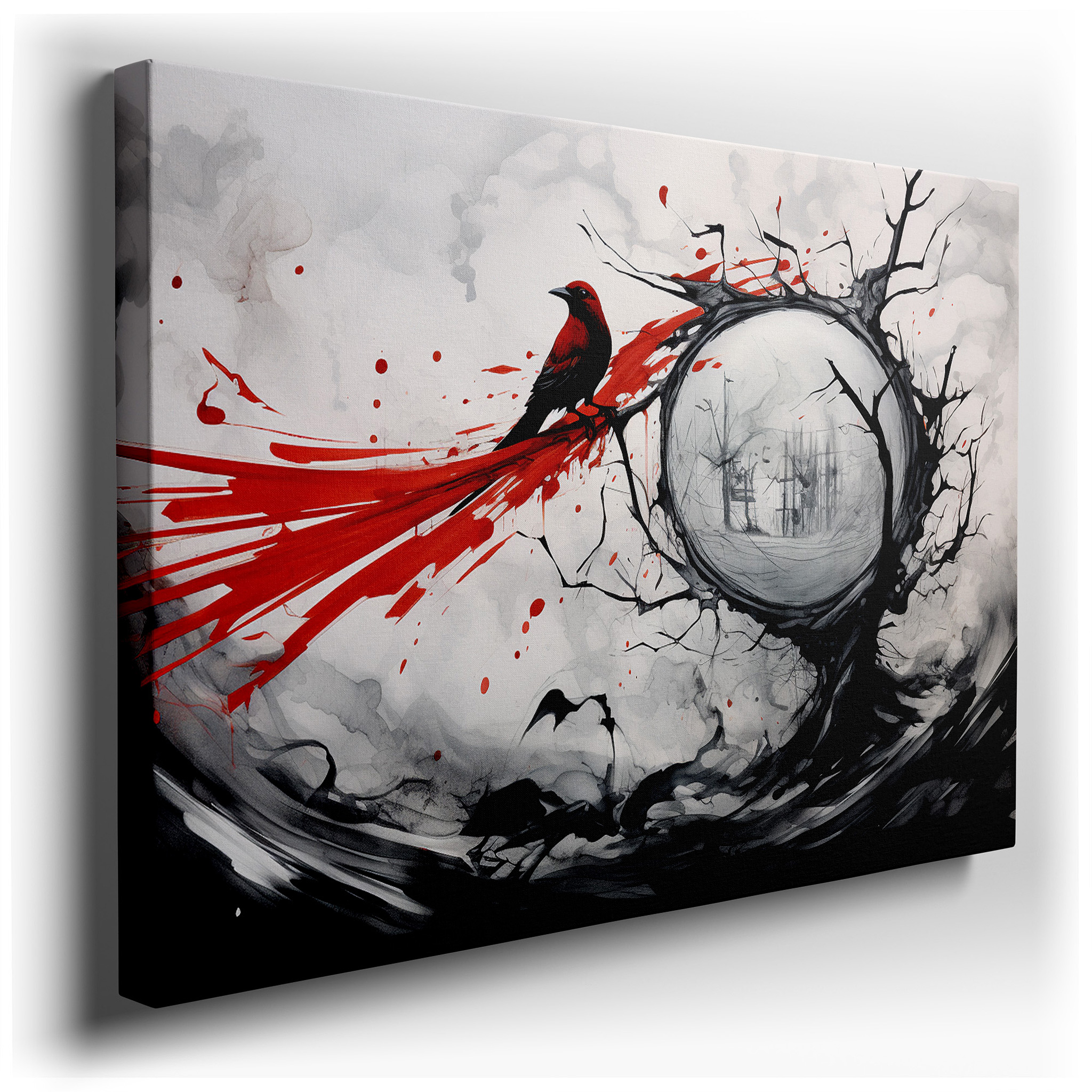The Scarlet Bird on a Twisted Black Tree: A Symbol of Resilience and Beauty Amid Surreal Swirling Clouds, Large Canvas