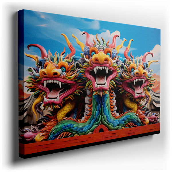 Three-Headed Dragon - Majestic Blue and Red Canvas Wall Art