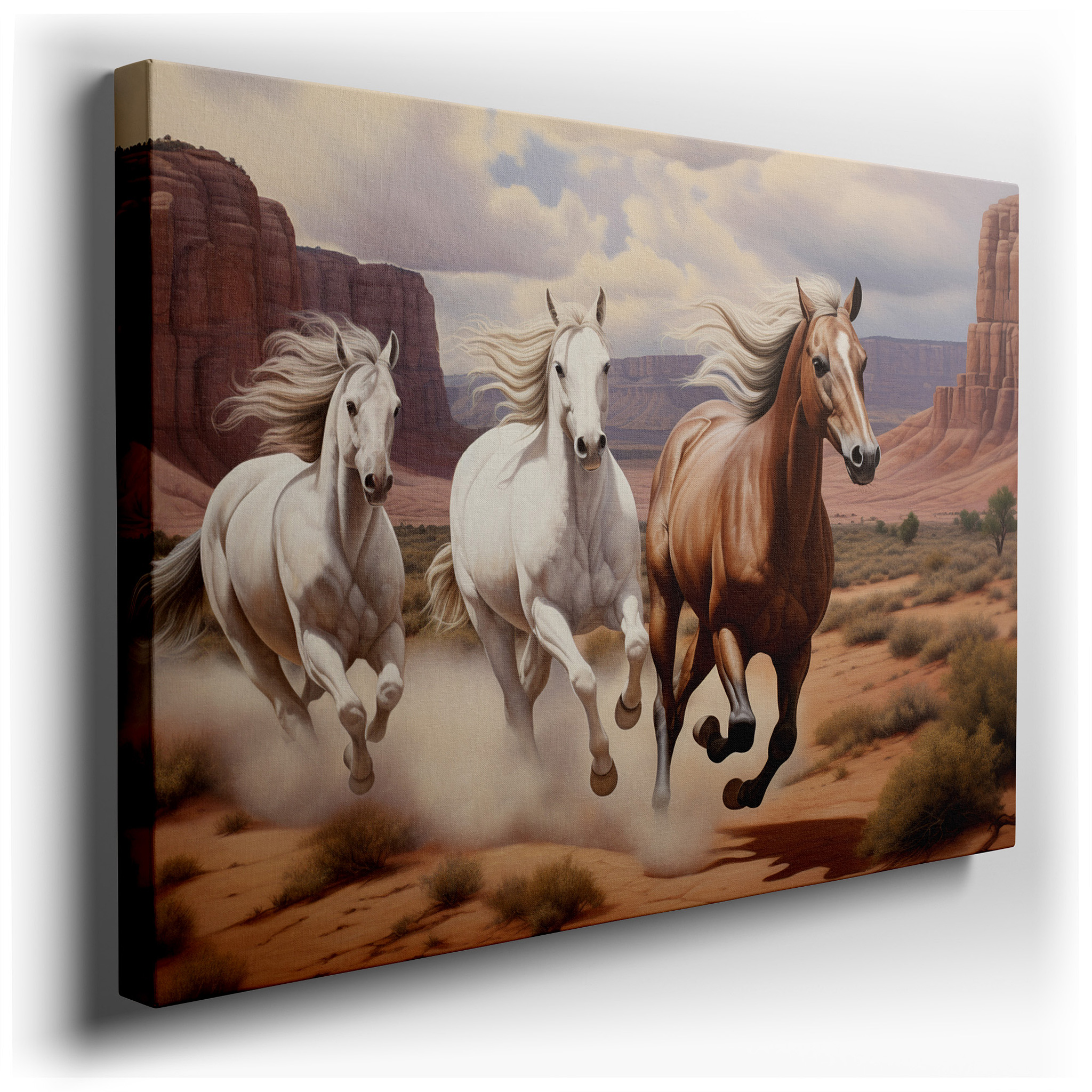 Three Horses Galloping Across Desert Landscape Beneath Stunning Red Rocks and Blue Sky, Large Canvas Wall Art for