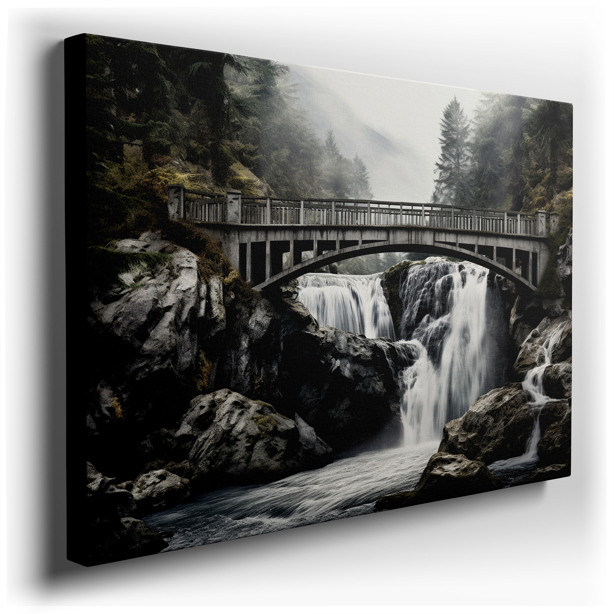 Timeless Bridge and Waterfall Canvas Print - Enchanted Forest Scene for Home and Office Decor, Large Wall Art for