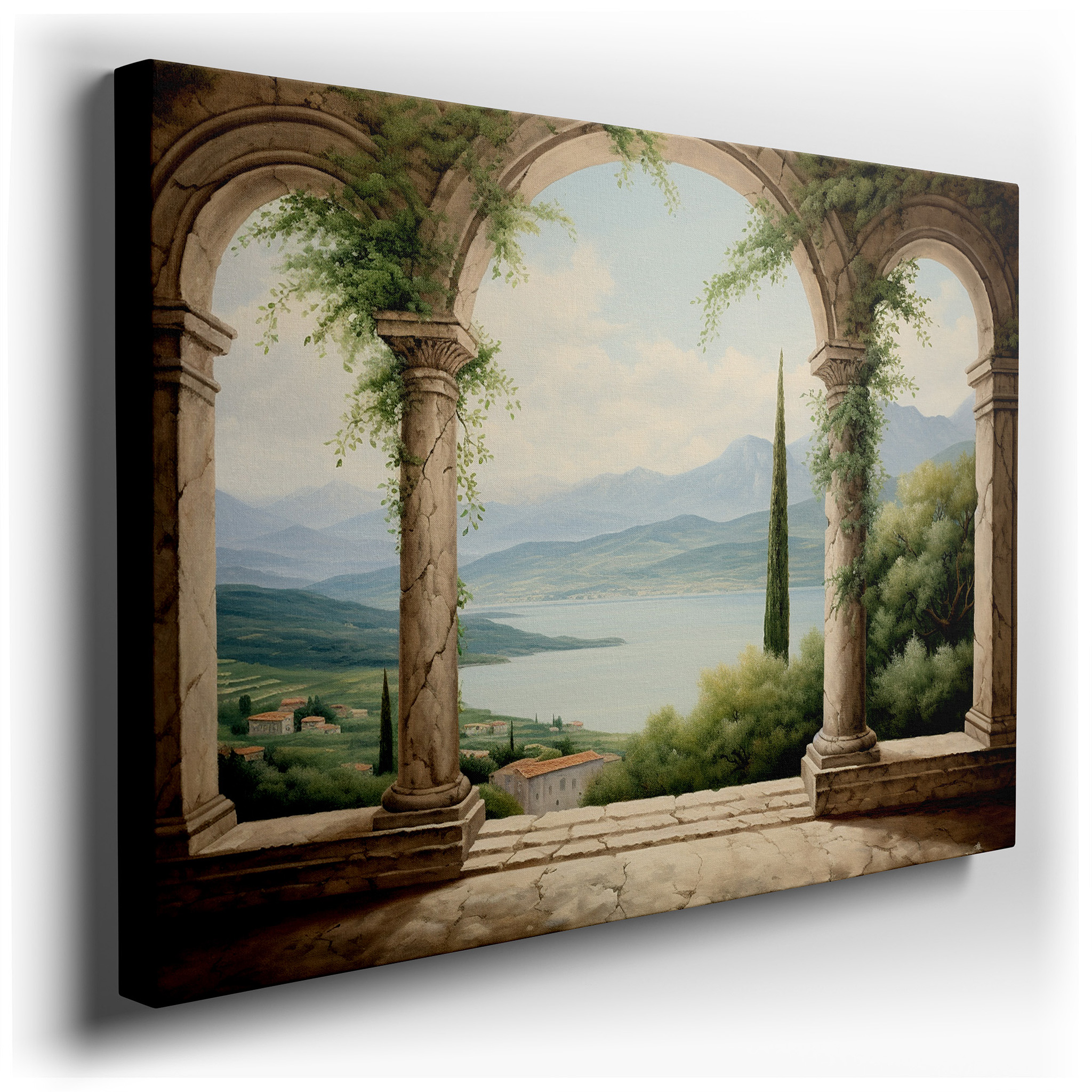 Timeless Elegance Amidst Serene Landscapes, Classical Architecture Canvas for Tranquil Reflection, Large Wall Art,