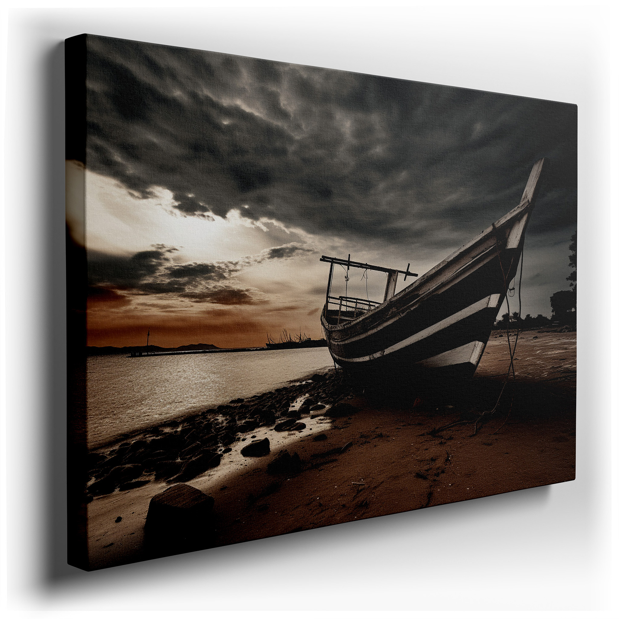 Timeless Solitude: Black and White Fishing Boat Canvas, Large Wall Art for Home and Office Decor wrapped canvas - main