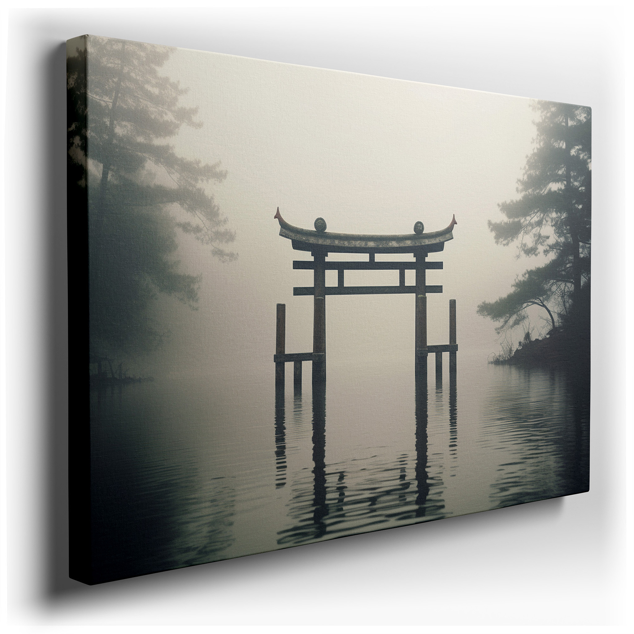 Torii Gate in Misty Waters Wall Art: Symbolizing Tranquility and Sacred Transition - Large Canvas for Home or Office