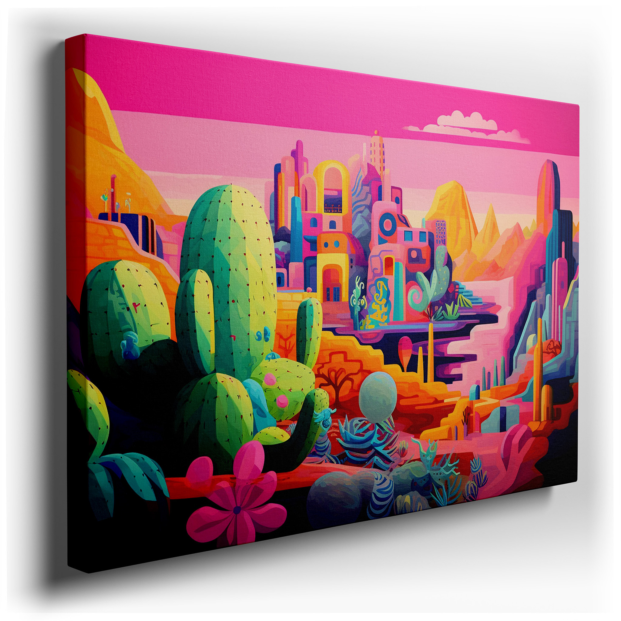 Towering Cacti and Fiery Skies in the Vast Desert Landscape: Large Canvas Wall Art for Office and Bedroom Decor wrapped