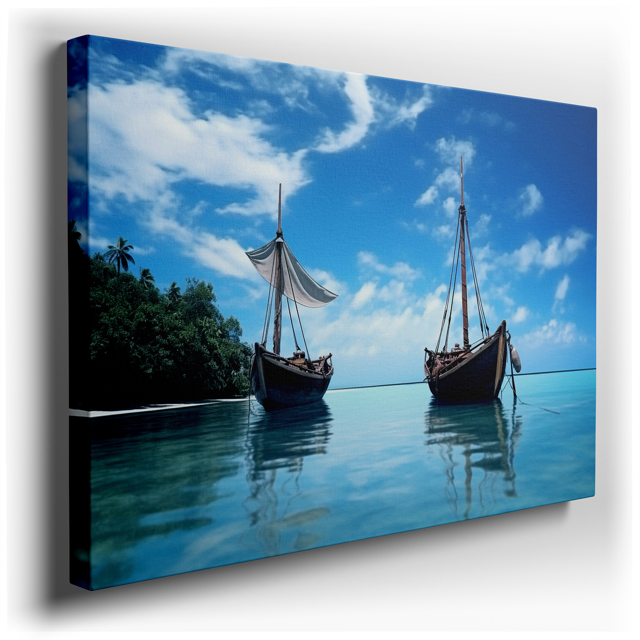 Traditional Boats on Serene Seascape: Tranquil Paradise Large Canvas Wall Art for Office Decor wrapped canvas - main