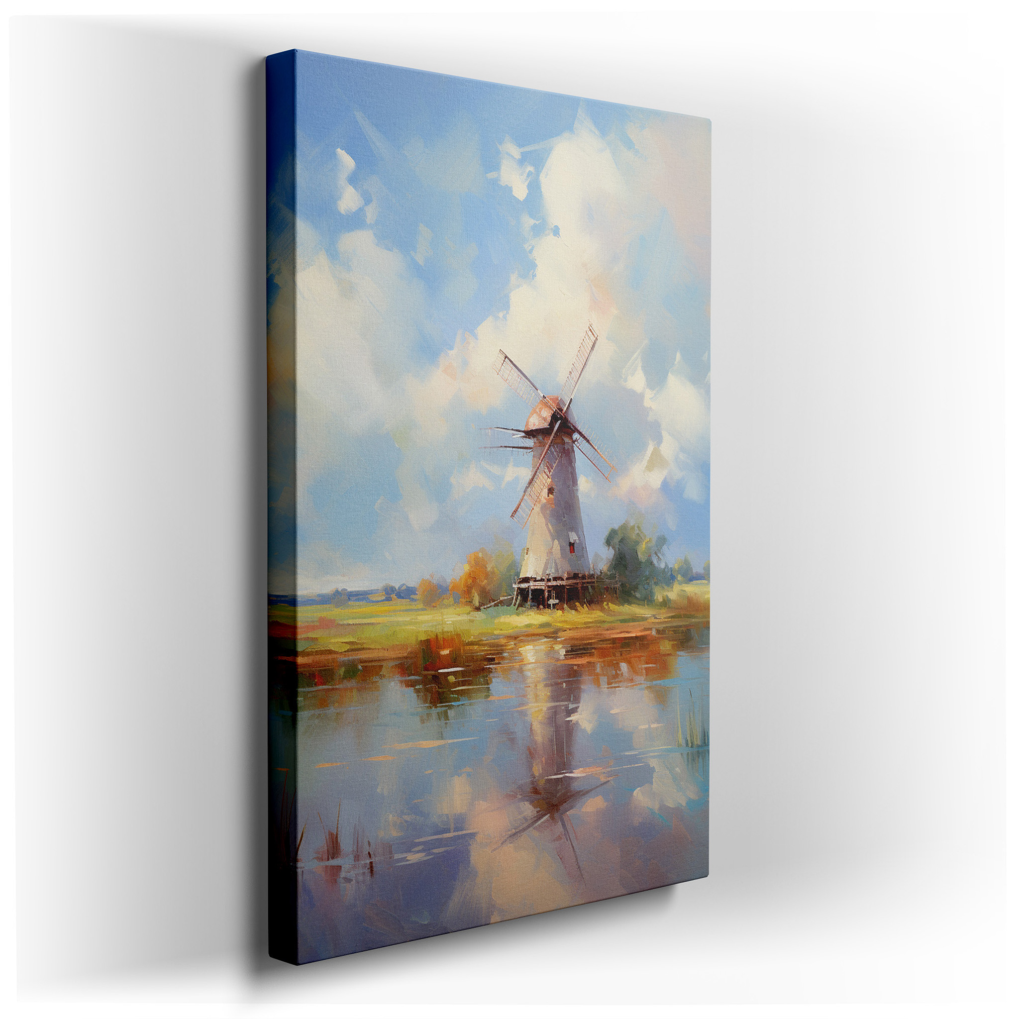 Traditional Windmill by Tranquil Waters Amidst Pastoral Serenity - Large Canvas Wall Art for Office and Bedroom Decor