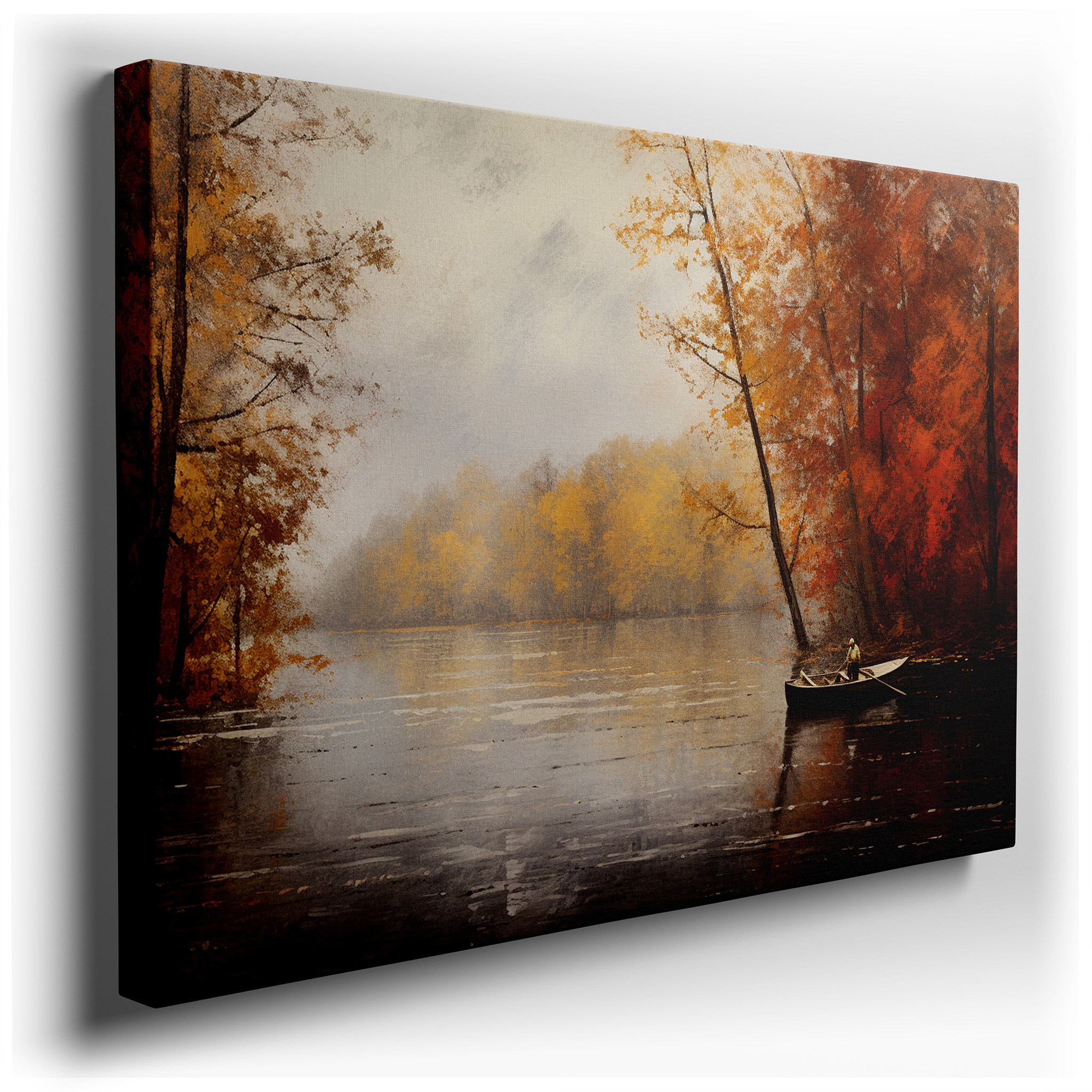 Tranquil Autumn Lake Wall Art: Reflective Waters and Fiery Foliage - Large Canvas for Home and Office Decor, Perfect