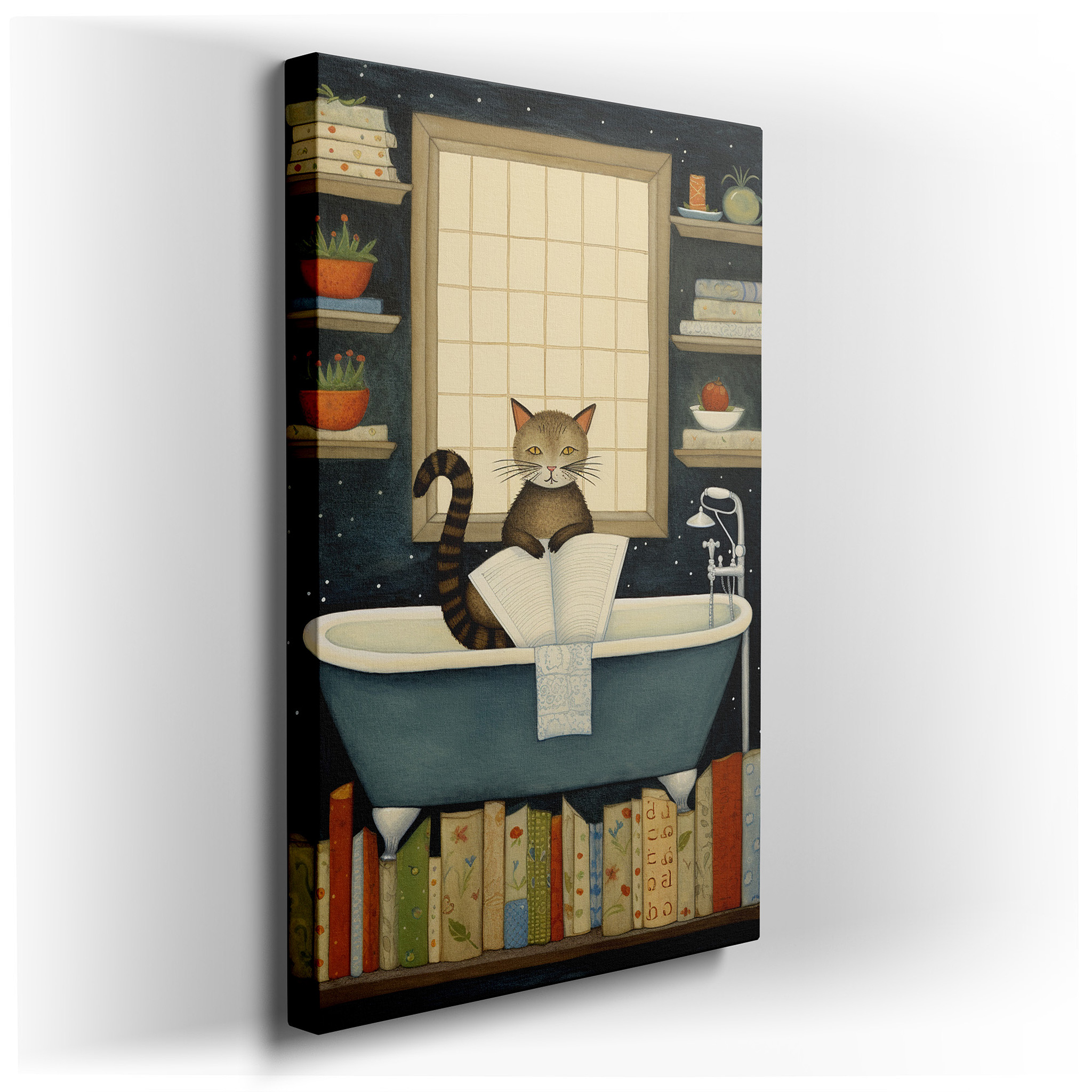 Tranquil Bathing Cat Immersed in Reading Surrounded by Lush Greenery - Large Canvas Wall Art for Office and Bedroom