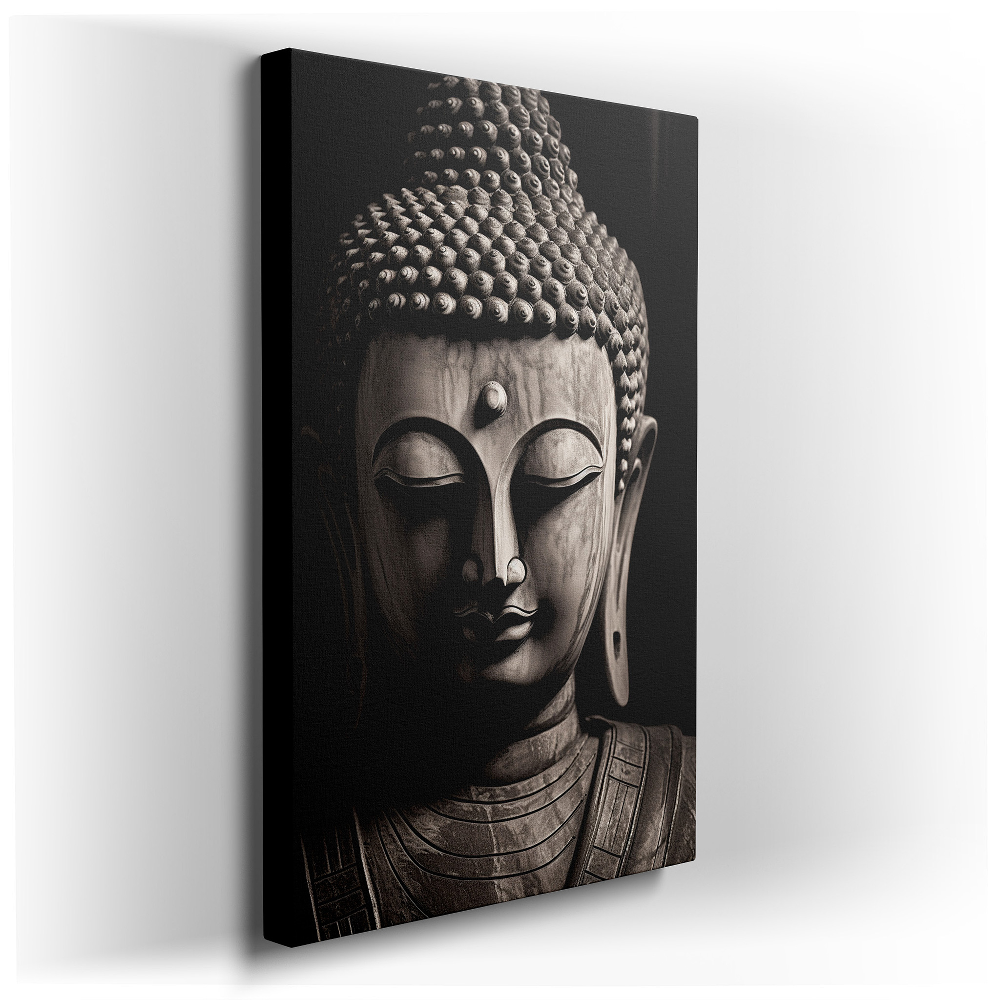 Tranquil Buddha Sculpture Wall Art in Black and White - Large Canvas for Spiritual Depth and Serenity, Ideal for Office