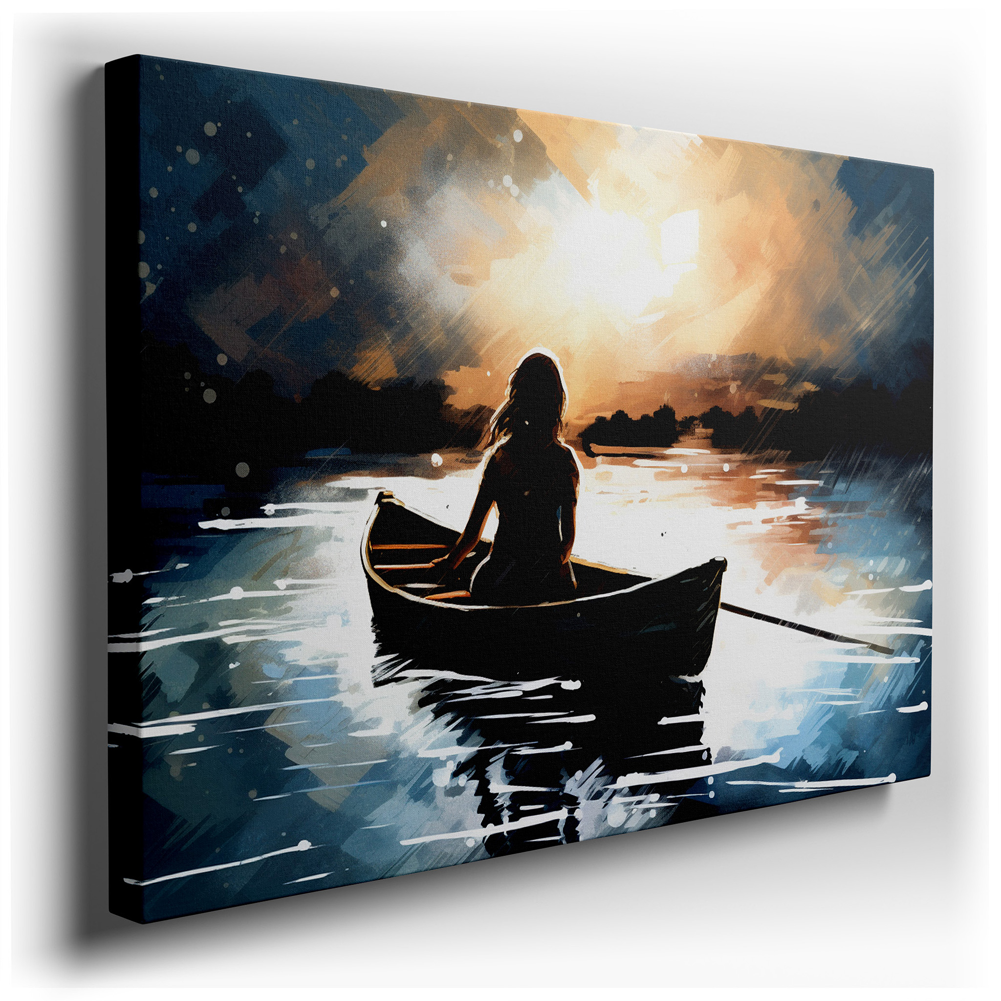 Tranquil Canoe Journey at Sunset: Large Canvas Wall Art Depicting Nature's Serene Splendor for Office and Bedroom Decor