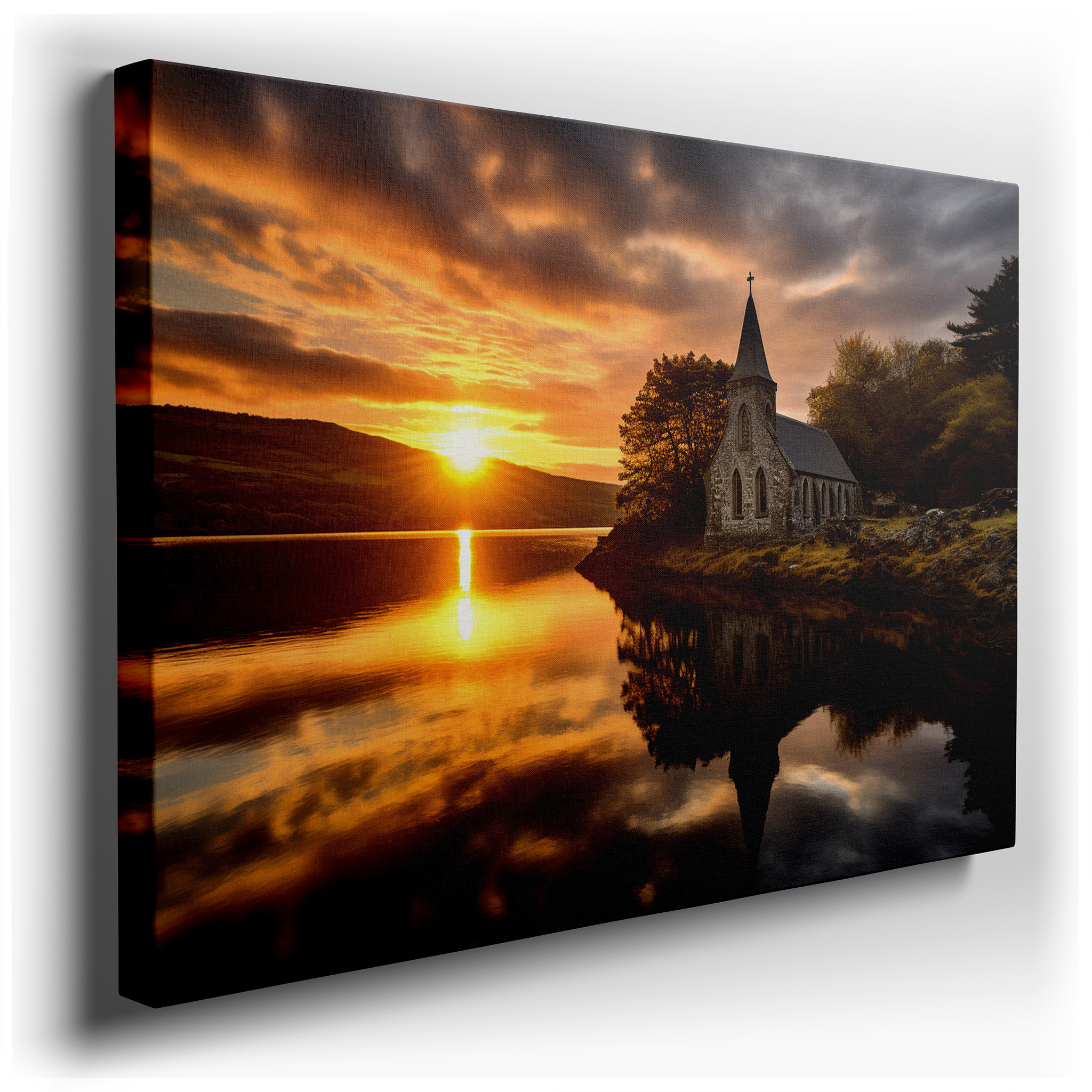 Tranquil Church by the Lake at Sunset: Large Canvas Wall Art Depicting Serene Natural Beauty - Ideal for Office and