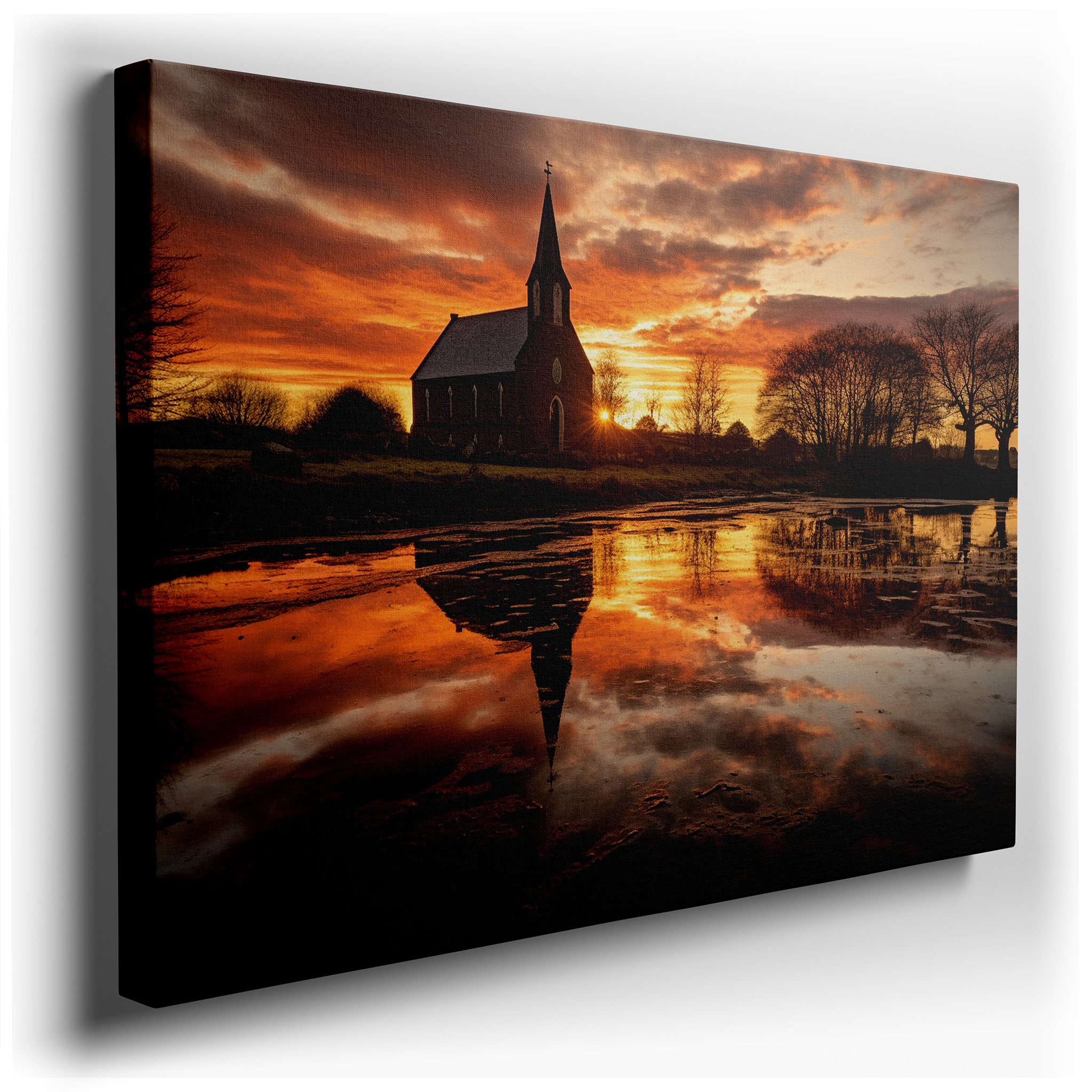Tranquil Church Silhouette Against a Vibrant Sunset: Spiritual Beauty Large Wall Art, Canvas Wall Art, Wall Decor for