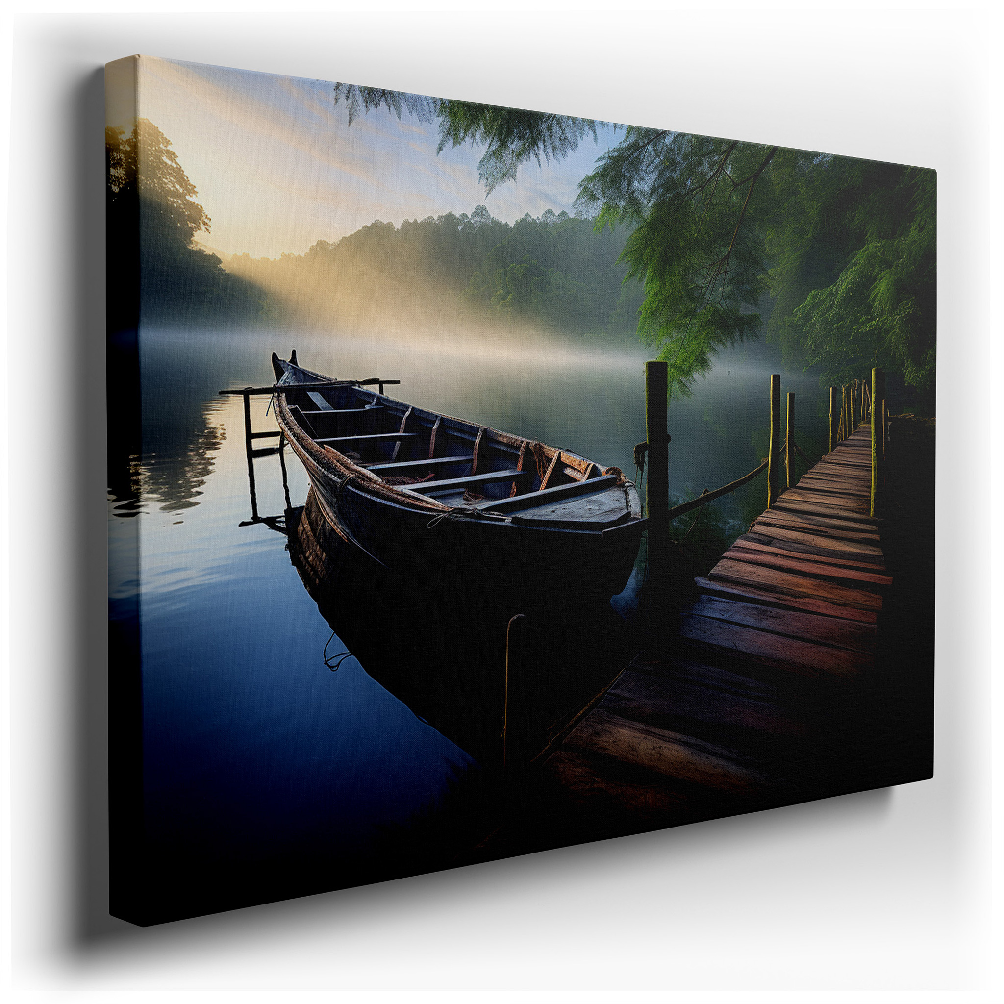 Tranquil Dawn and Old Wooden Boat at Rustic Dock Large Canvas Wall Art, Perfect for Office and Bedroom Decor wrapped