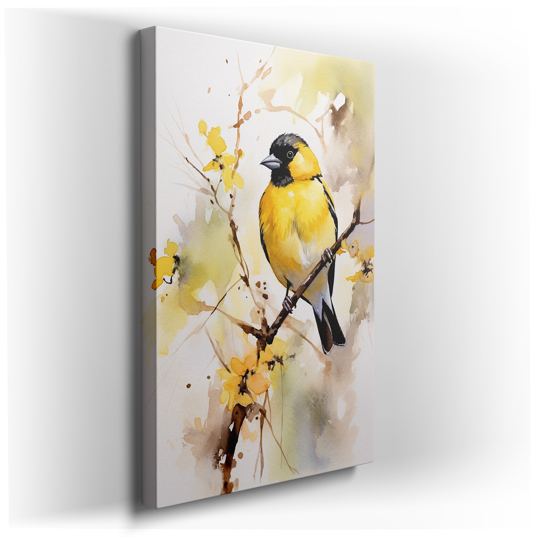 Tranquil Dawn Light Featuring Serene Yellow Bird on Blossoming Branch - Large Canvas Wall Art for Office Decor wrapped