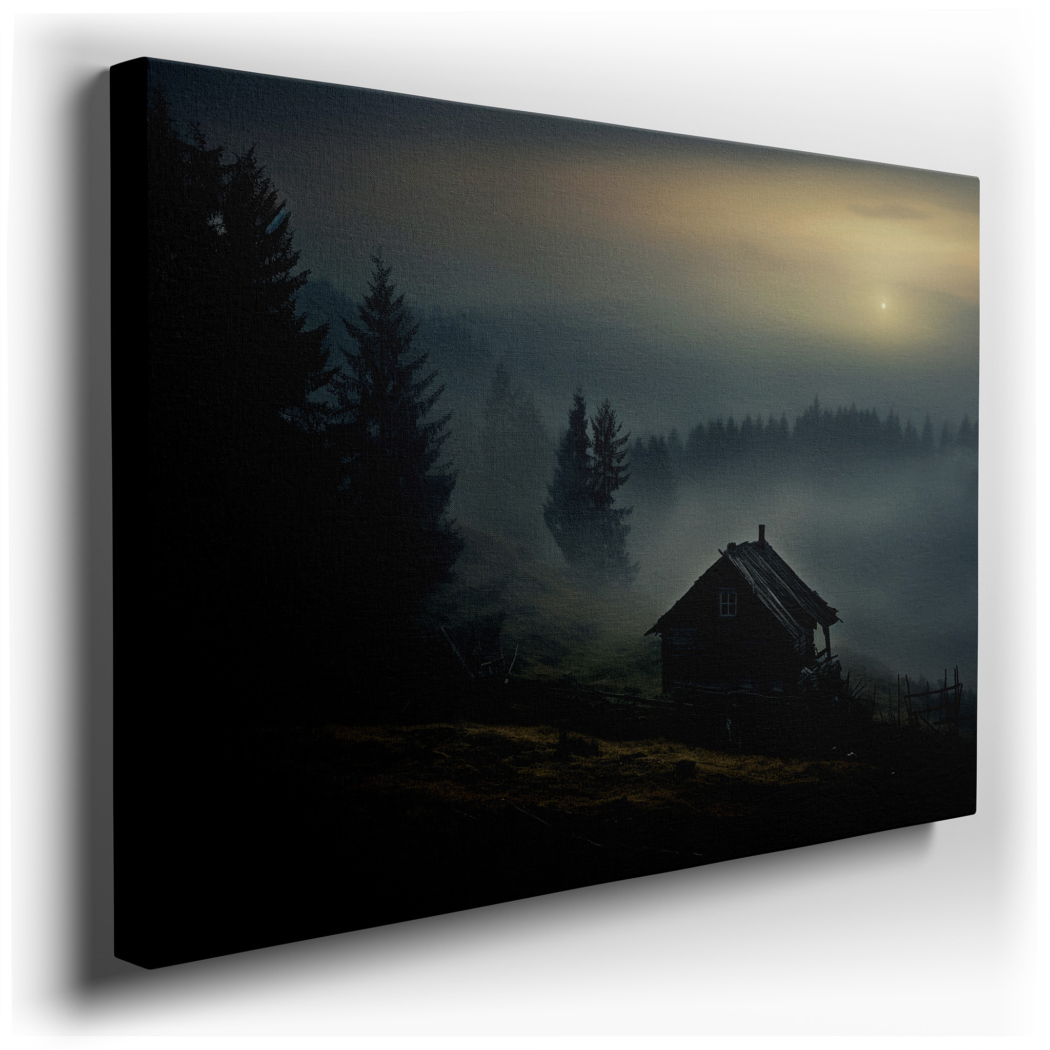Tranquil Dawn Retreat: Serene Foggy Landscape with Rustic Cabin Among Lush Trees - Large Canvas Wall Art for Office