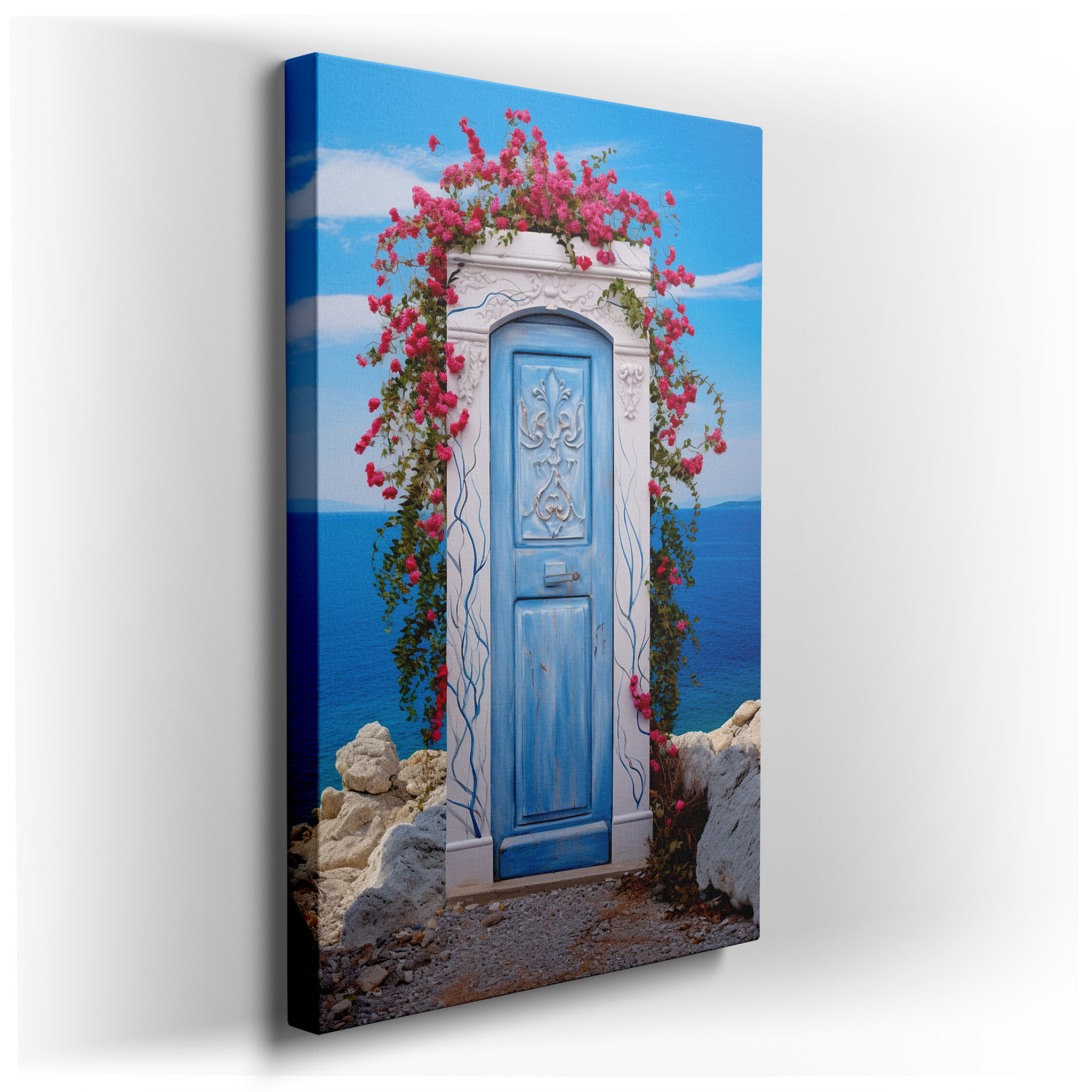 Tranquil Doorway Canvas with Vibrant Flowers and Ocean Views - Large Wall Art for Living Room, Bedroom, or Office Decor