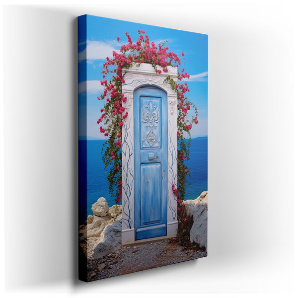 Tranquil Doorway - Vibrant Flowers and Ocean Views Canvas Wall Art