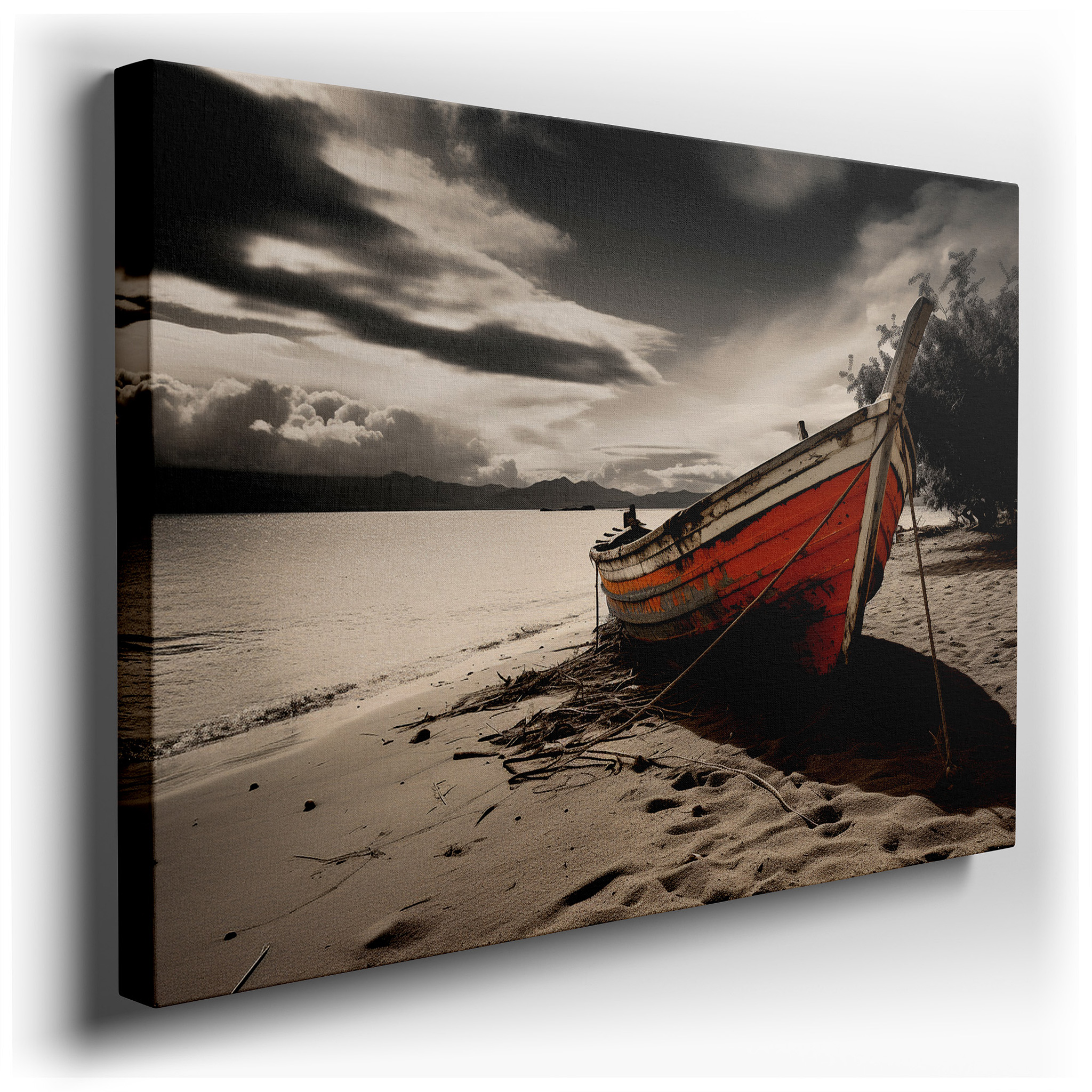 Tranquil Dusk and the Abandoned Boat on a Sandy Beach - Large Canvas Wall Art for Office, Bedroom, and Living Room