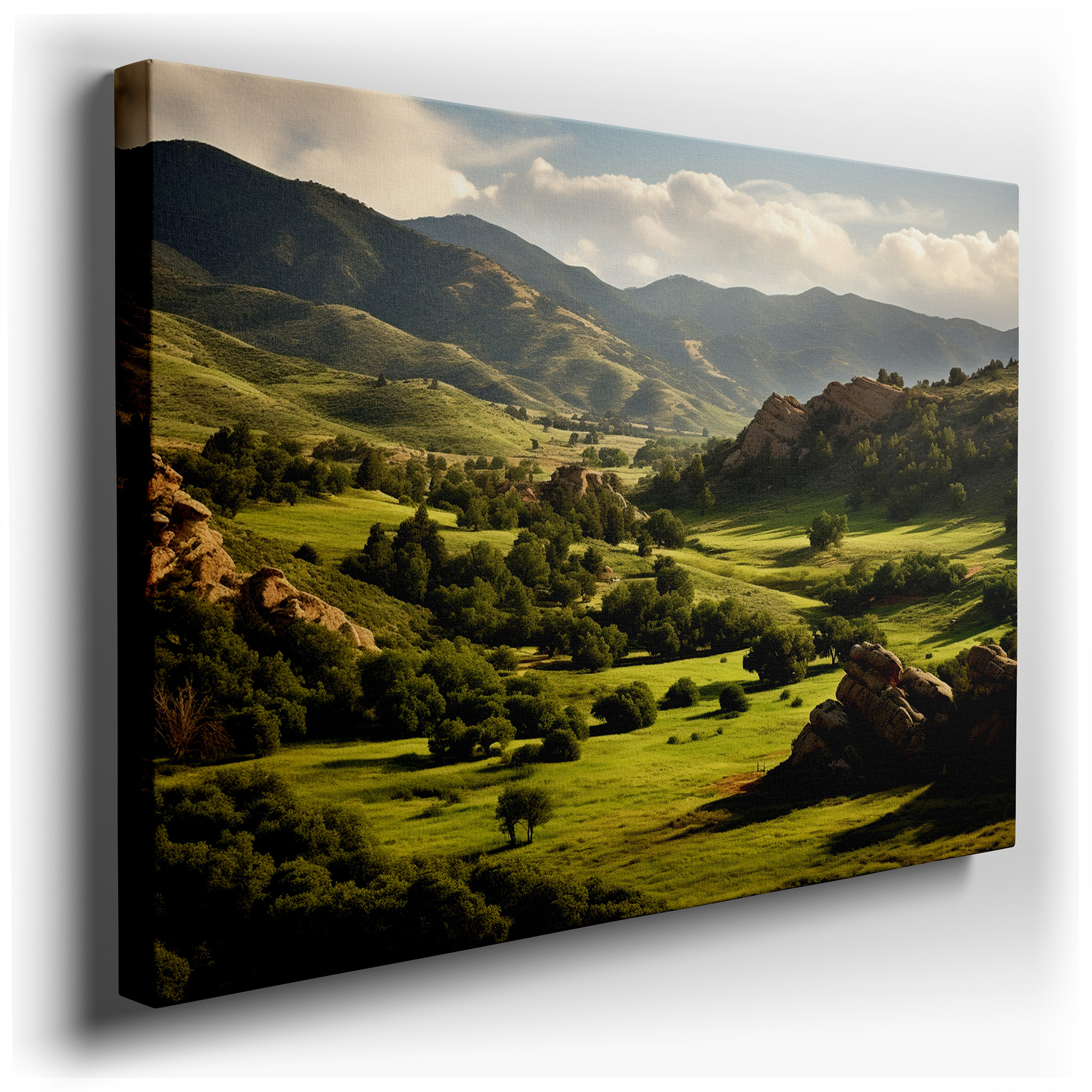 Tranquil Evening Embrace: Golden Rays and Verdant Valleys with Dramatic Outcrops - Large Canvas Wall Art for Office and