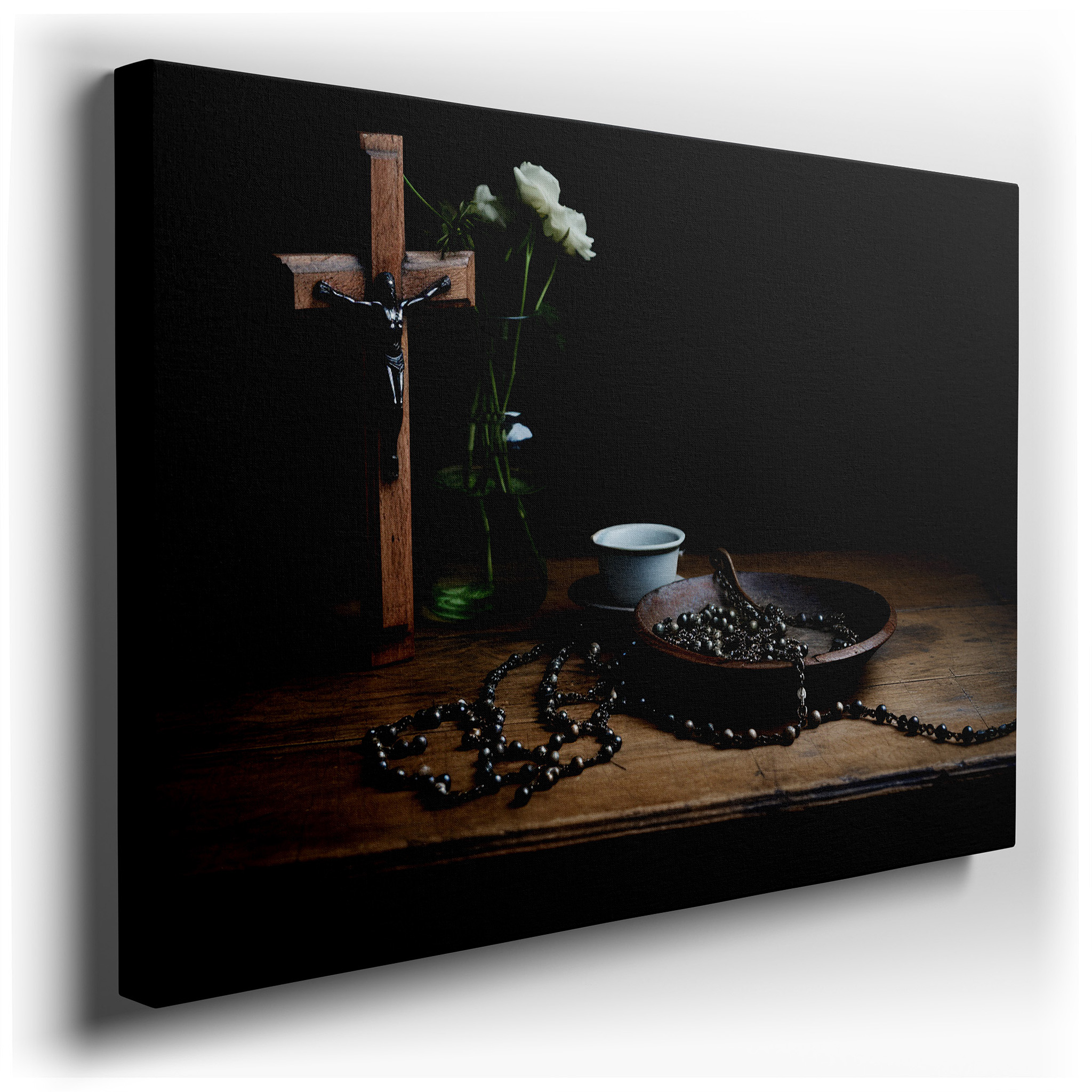 Tranquil Faith Reflections: Large Canvas Wall Art Featuring a Wooden Cross and Silver Rosary with White Flowers, Ideal