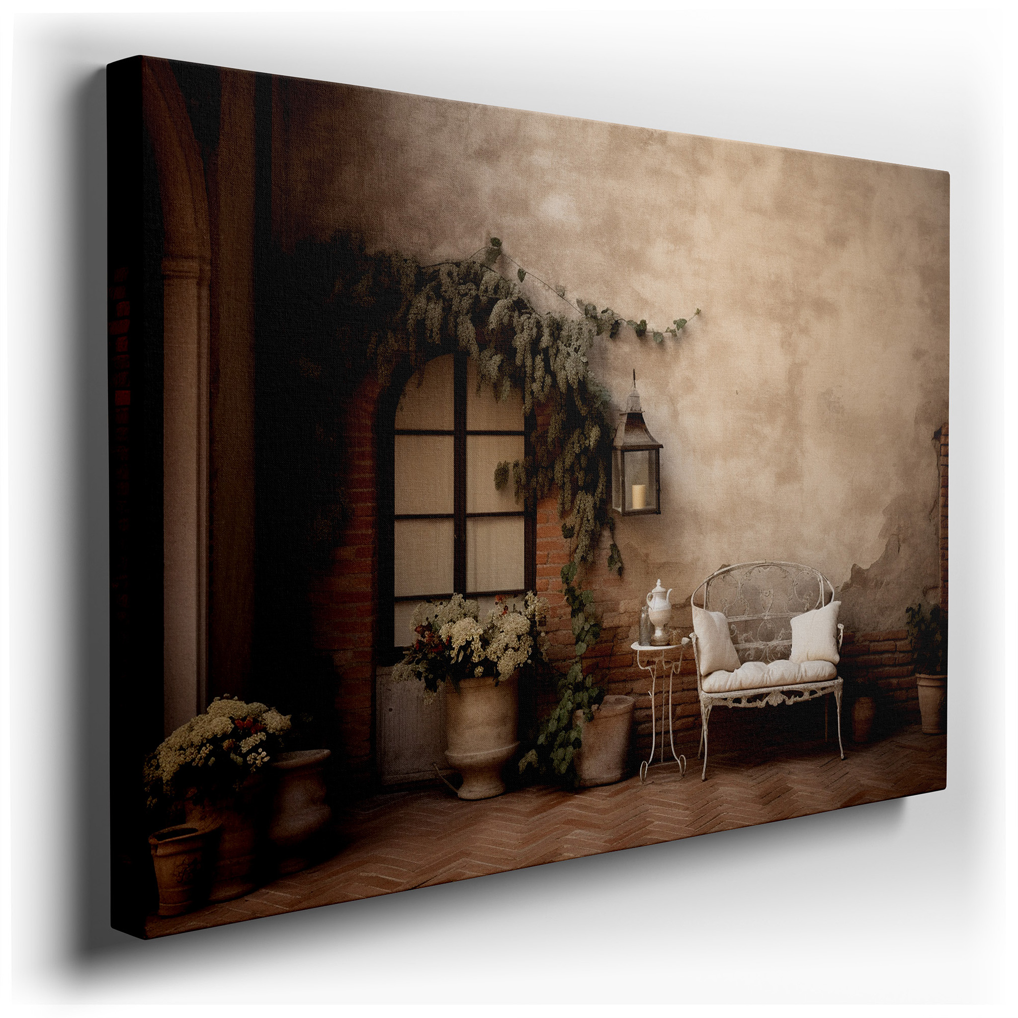 Tranquil Garden Oasis Canvas Wall Art Featuring Rustic Bench and Lush Greenery for Office, Bedroom, and Living Room