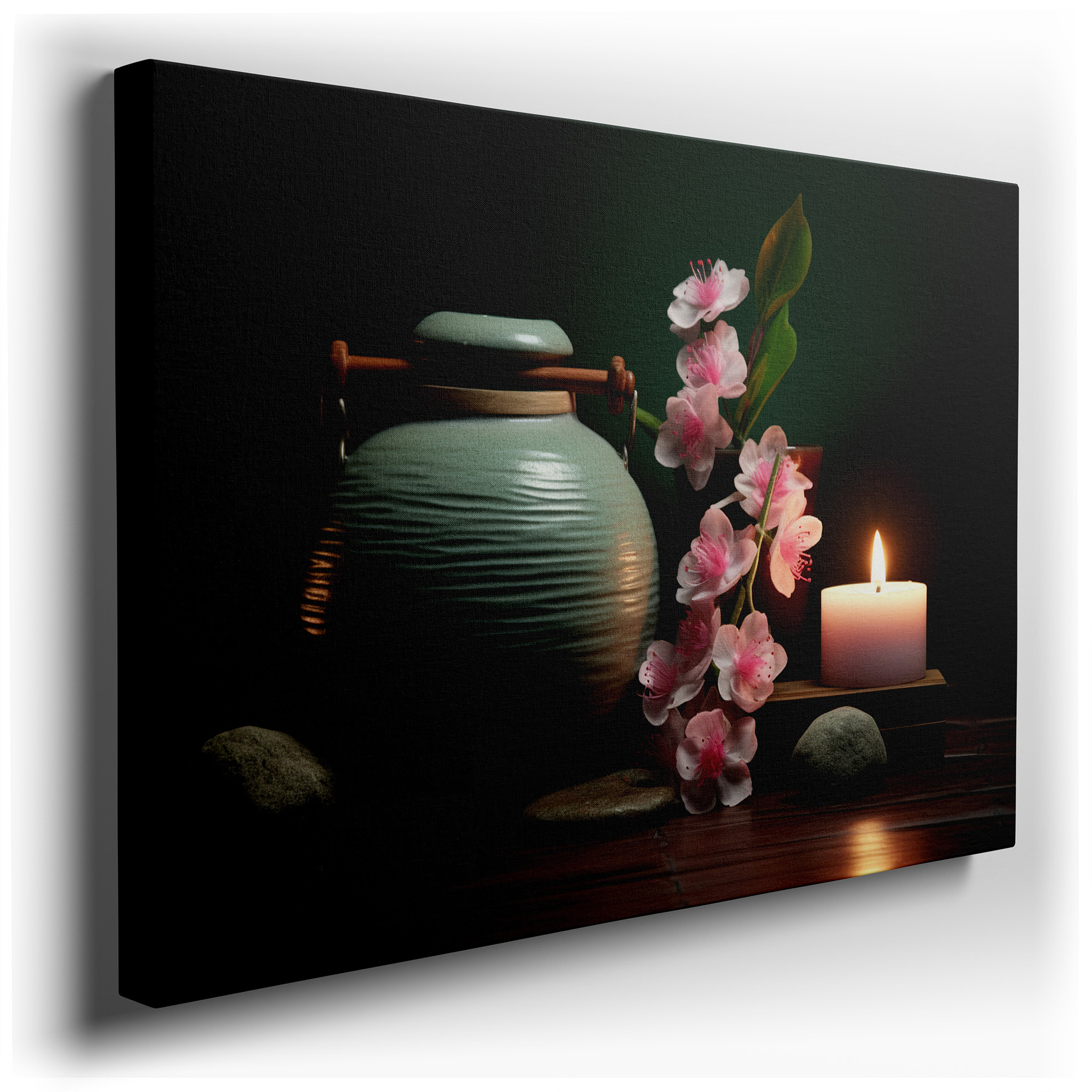 Tranquil Green Vase and Pink Blooms with Candle Glow: Large Canvas Wall Art for Office, Bedroom, and Living Room Decor
