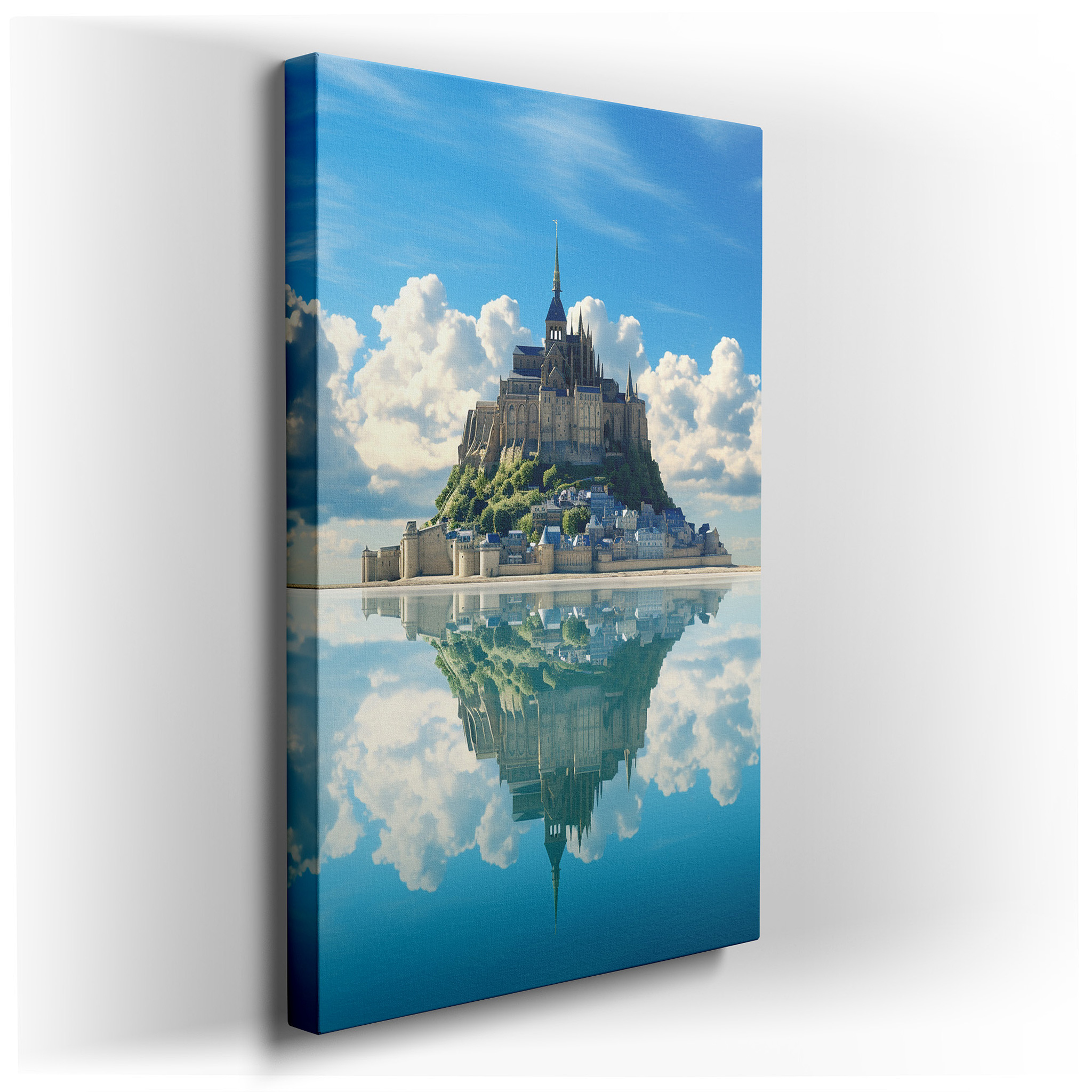 Tranquil Island Castle Wall Art: Reflecting Architectural Majesty in Serene Waters, Large Canvas Decor wrapped canvas -