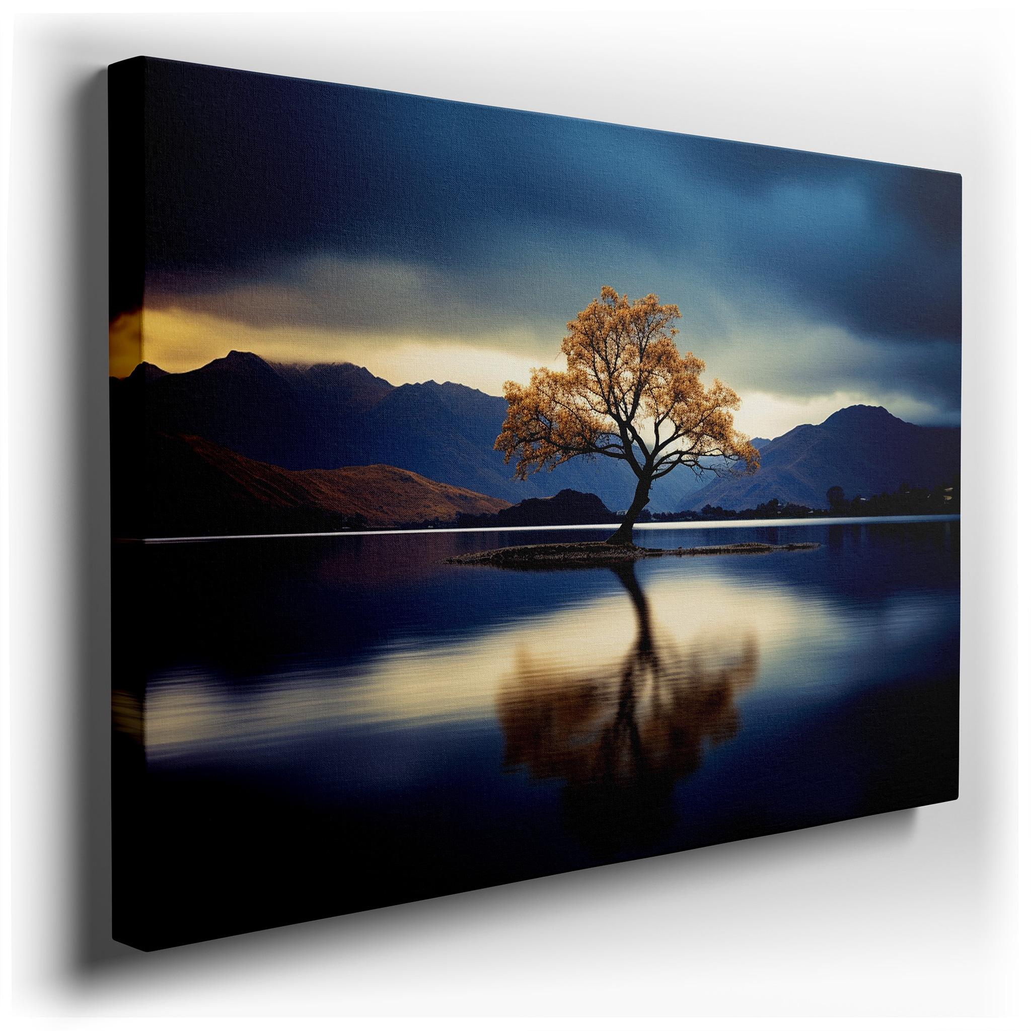 Tranquil Isle Canvas Print: Serene Tree, Misty Mountains, and Reflective Waters - Large Wall Decor for Office and