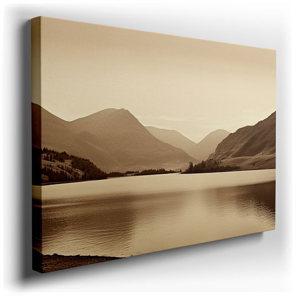 Tranquil Lake and Majestic Mountains - Monochrome Canvas Wall Art