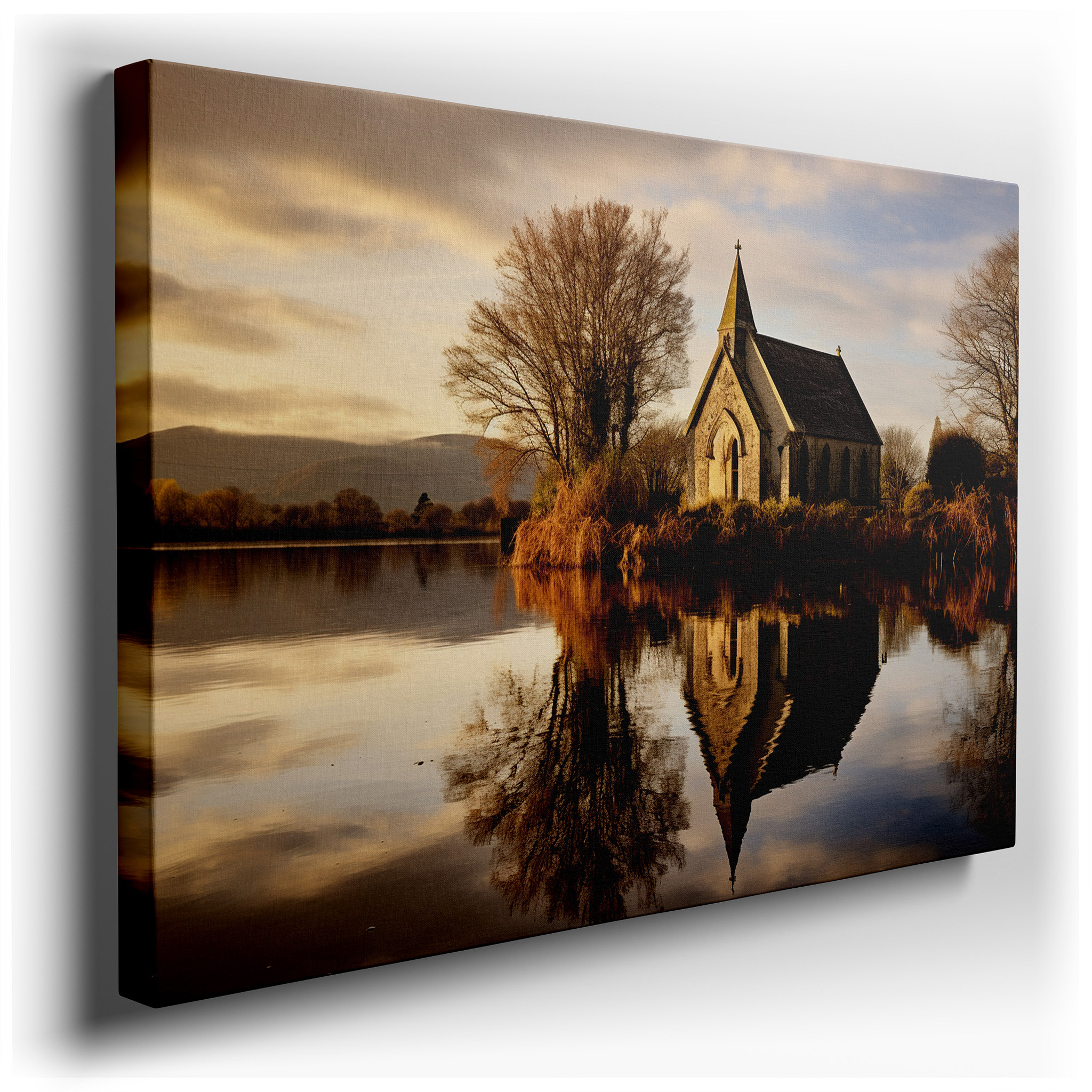 Tranquil Lake and Serene Church Reflections Evening Hues Large Canvas Wall Art for Office and Bedroom Decor wrapped