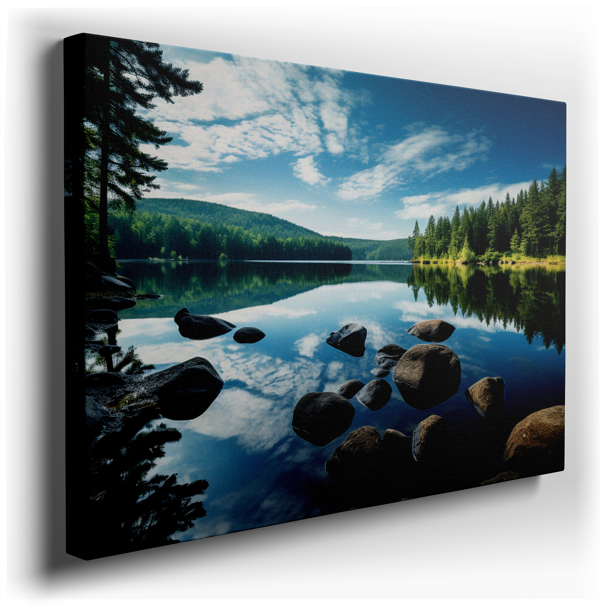 Tranquil Lake Reflections with Lush Greenery and Smooth Dark Rocks Large Wall Art, Canvas Wall Art, Wall Decor for