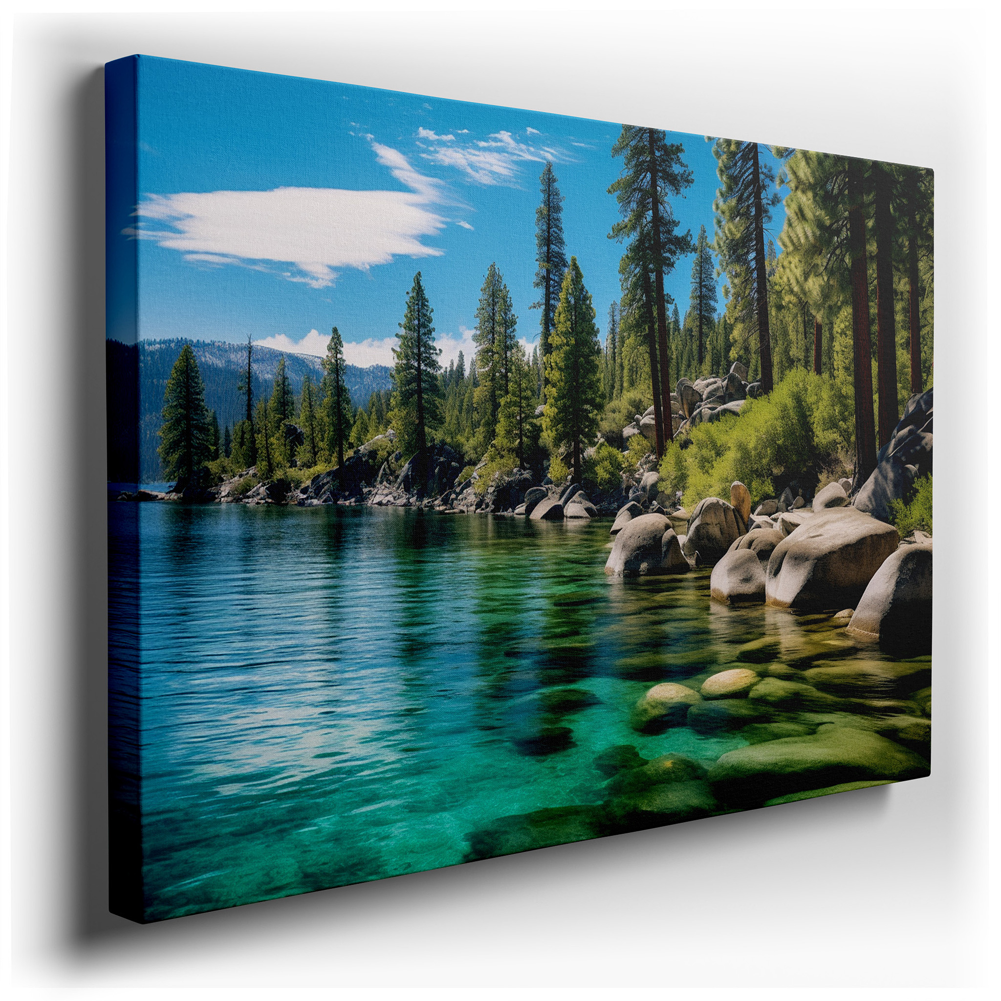 Tranquil Lakeside View Featuring Sky, Water, Rocks, and Pine Trees - Ideal for Peaceful Environments, Large Canvas Wall