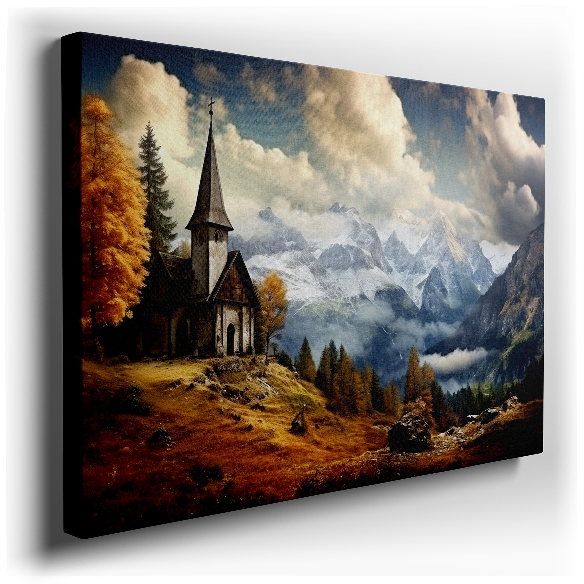 Tranquil Landscape Featuring Autumn Trees and Snow - Capped Mountains, Peaceful Church Sanctuary Large Wall Art, Canvas