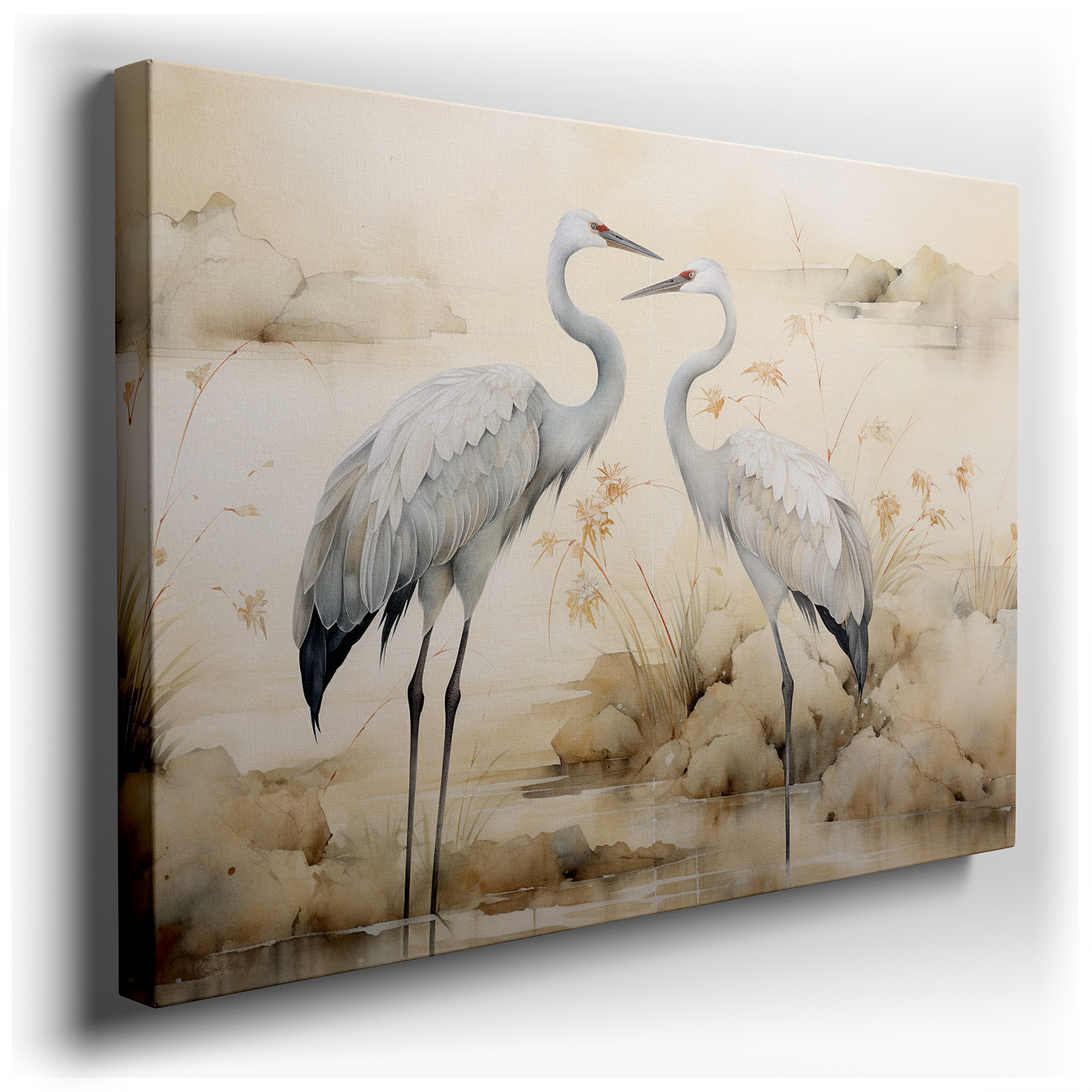 Tranquil Landscape with Elegant Cranes - Serene Companionship Themed Large Wall Art, Canvas Wall Art, Wall Decor for