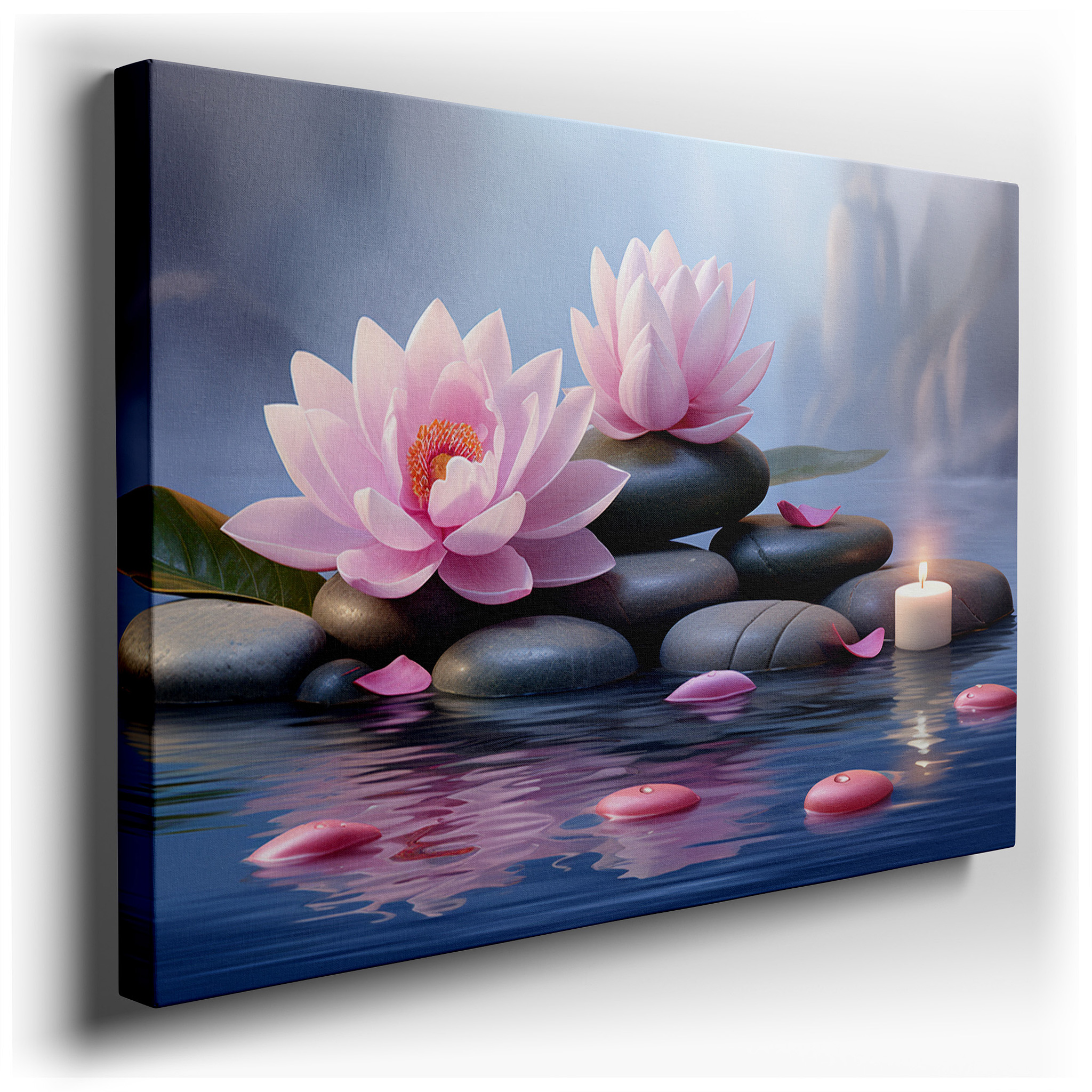 Tranquil Lotus Blossoms and Candles in a Serene Water Garden: Large Canvas Wall Art for Office, Bedroom, and Living