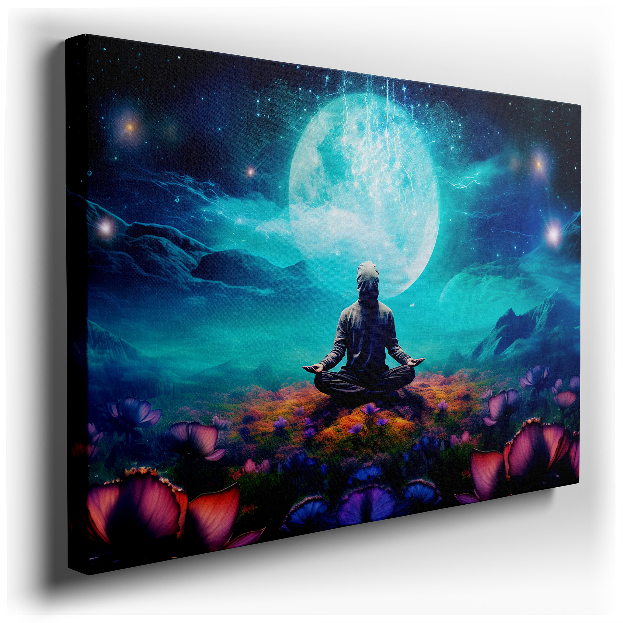Tranquil Meditation Under the Celestial Moon Wall Art: A Harmonious Blend of Nature and Cosmos, Large Canvas Wall Art