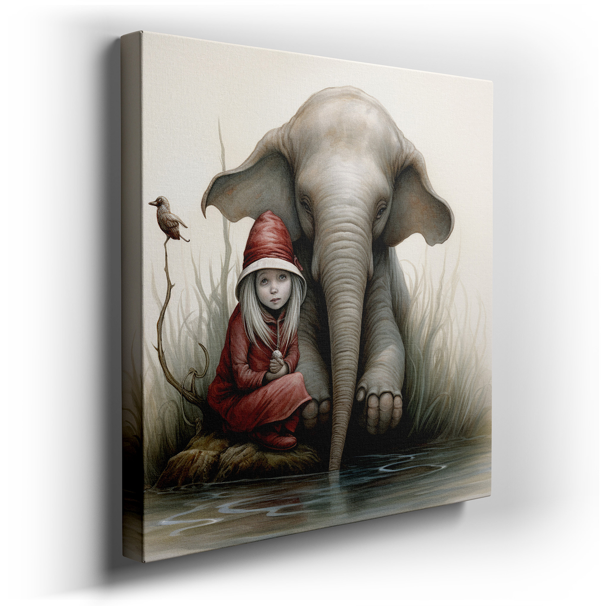 Tranquil Moments by the Water: Featuring a Young Girl and Majestic Elephant - Large Canvas Wall Art for Office and