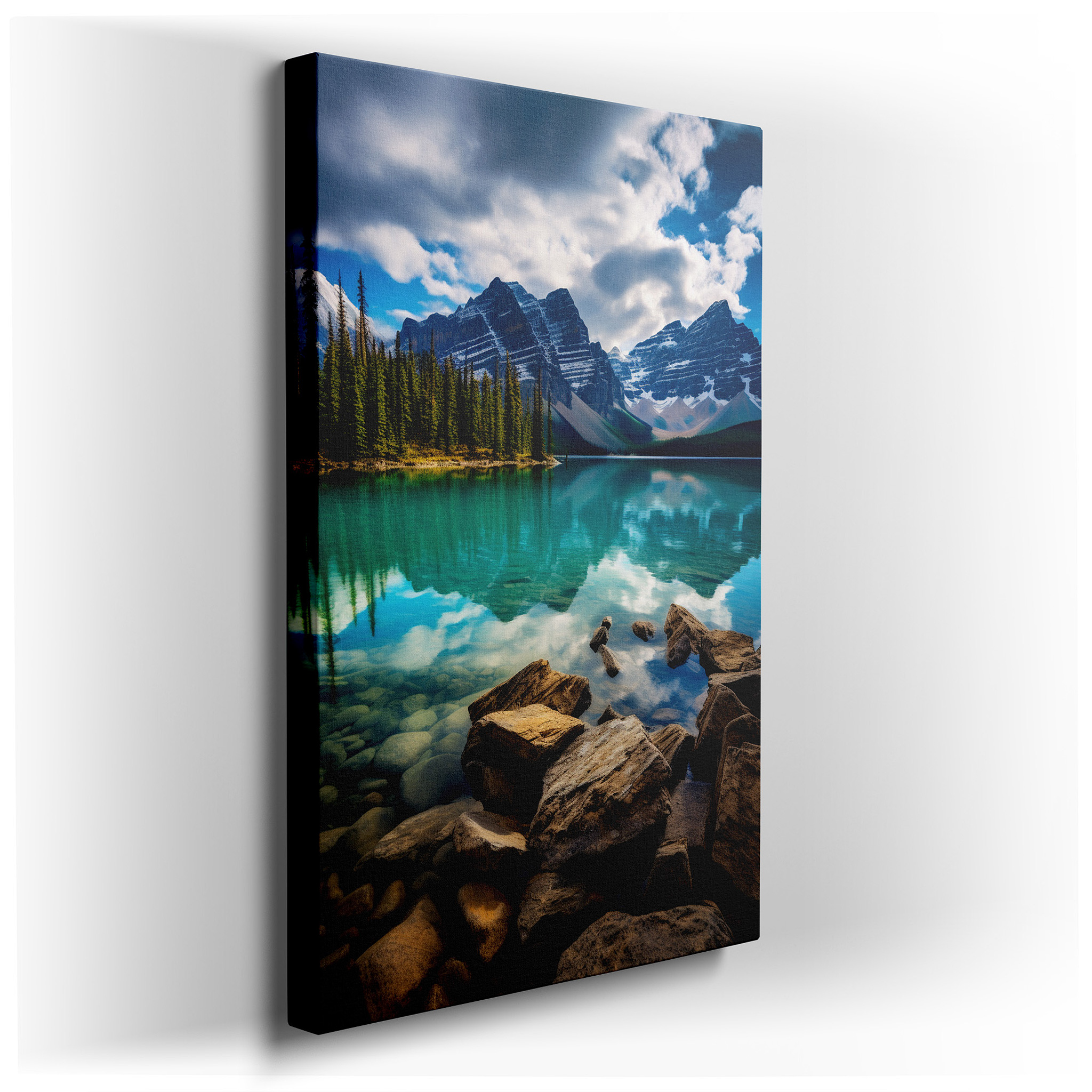Tranquil Mountain Lake Surrounded by Majestic Peaks with Reflective Dynamic Skies, Large Canvas Wall Art for Office and