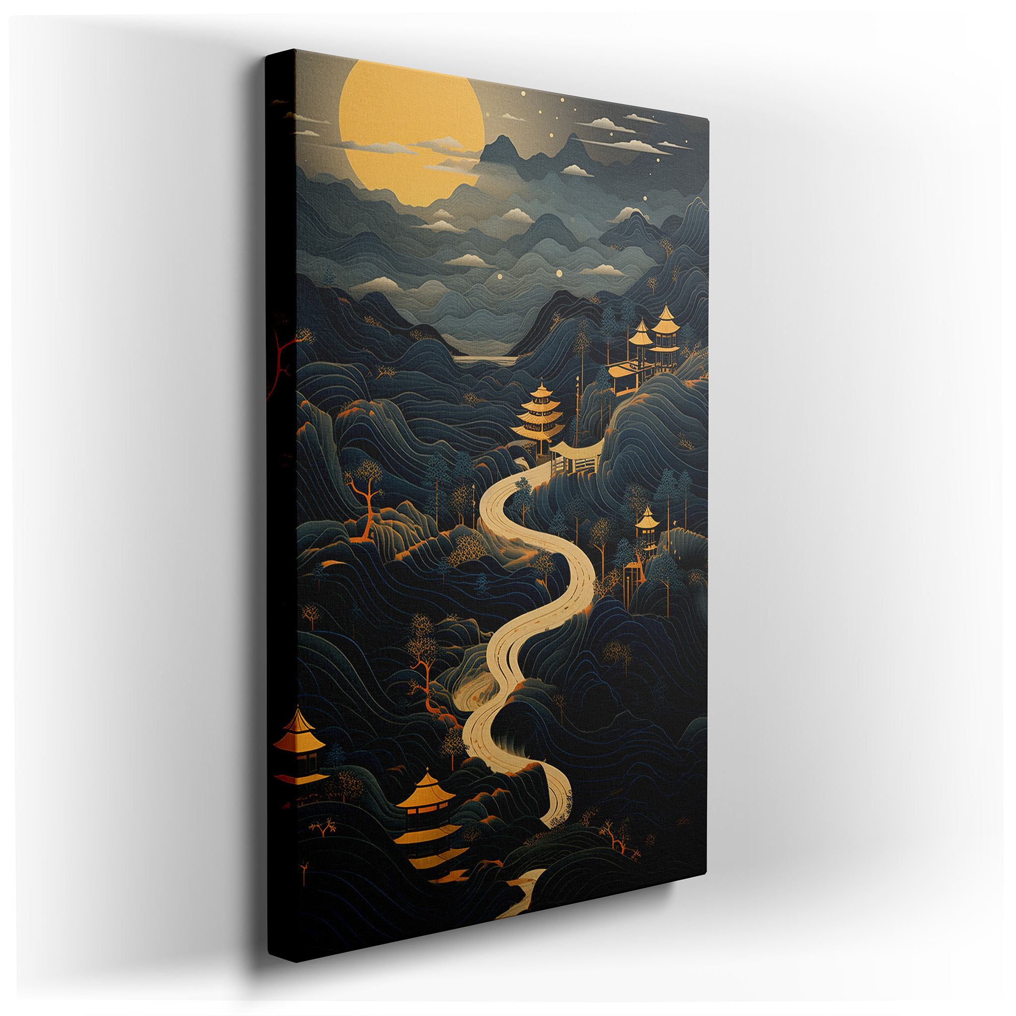 Tranquil Mountain Landscape Featuring Classic Pagodas Beneath a Full Moon's Soft Light - Large Canvas Wall Art for Home
