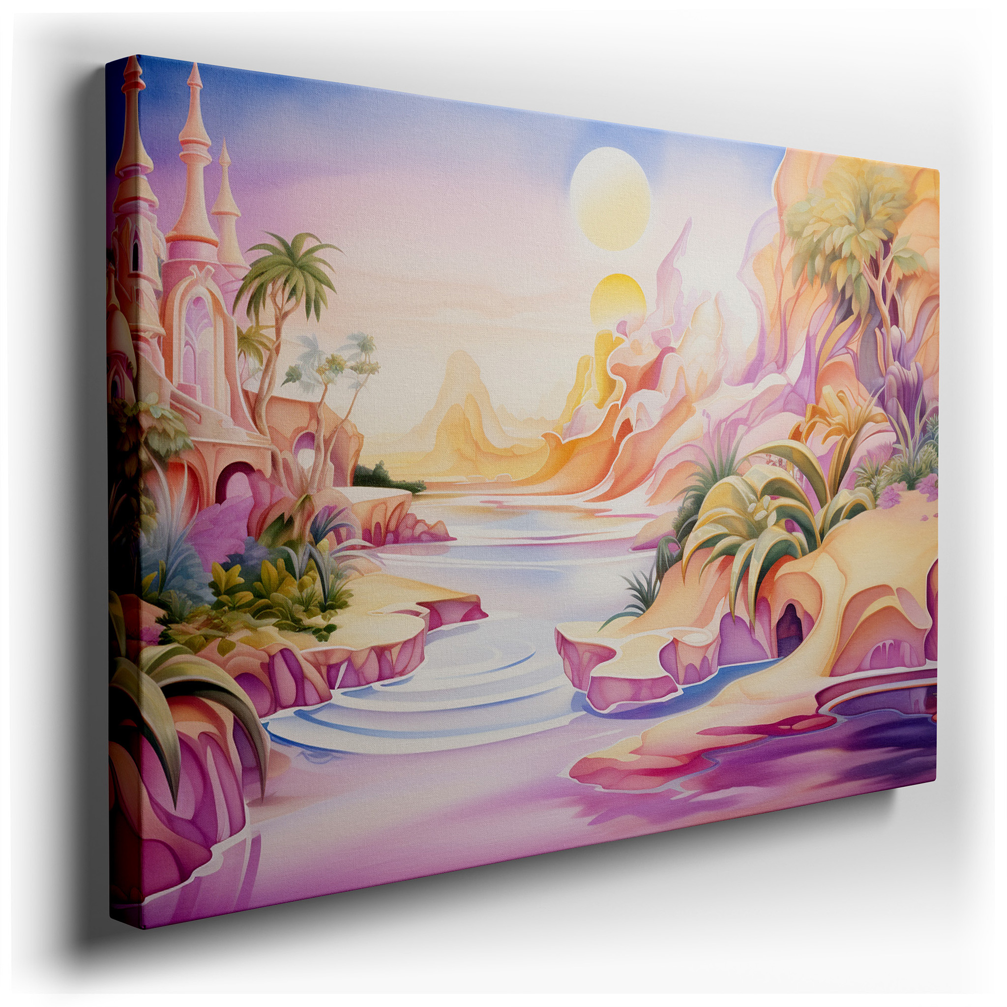 Tranquil River and Enchanted Hills Under Twin Suns Wall Art, Large Canvas Decor for Office, Bedroom, and Living Room