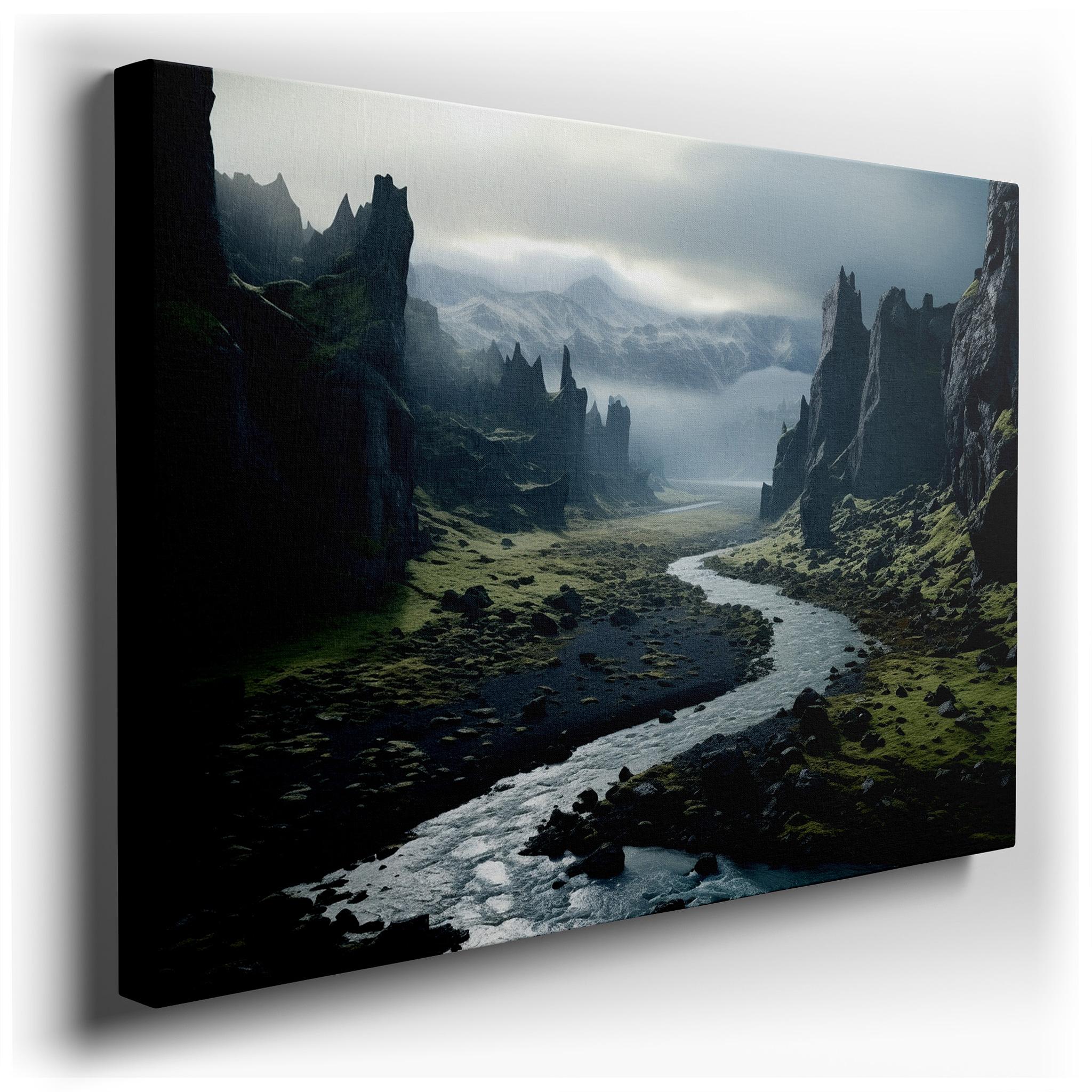 Tranquil River and Lush Valley Canvas, Featuring Dramatic Rocks and Verdant Foliage, Large Wall Art for Office and