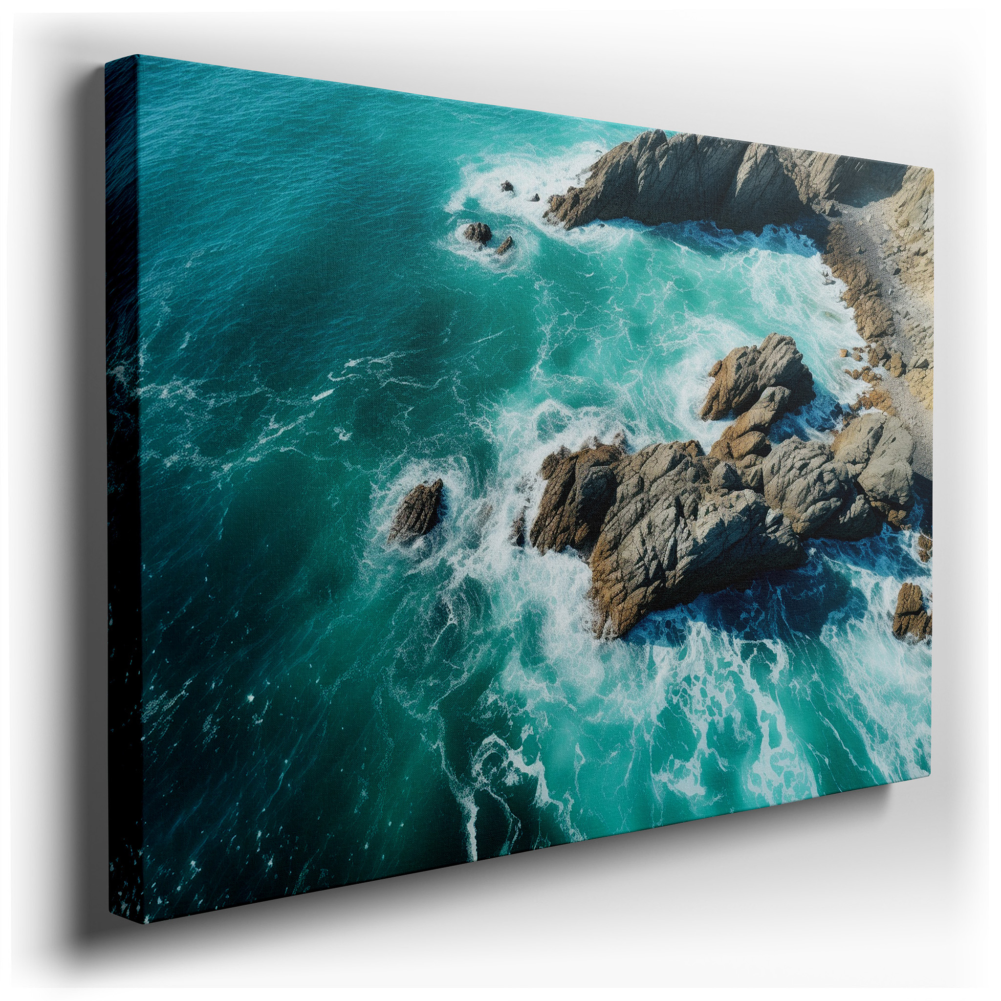 Tranquil Rocky Coastline Aerial View Canvas Print - Azure Waves and Rugged Cliffs Wall Art for Office, Bedroom, and