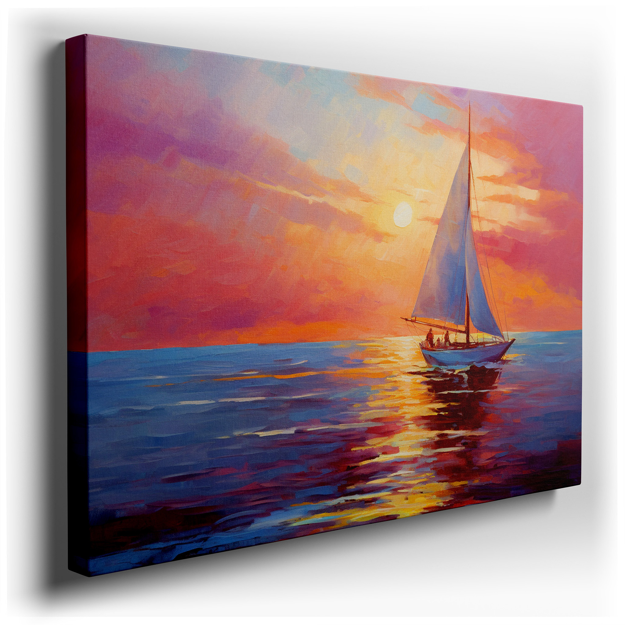 Tranquil Sailboat Journey Under a Fiery Sunset Sky - Large Canvas Wall Art for Office, Bedroom, and Living Room Decor