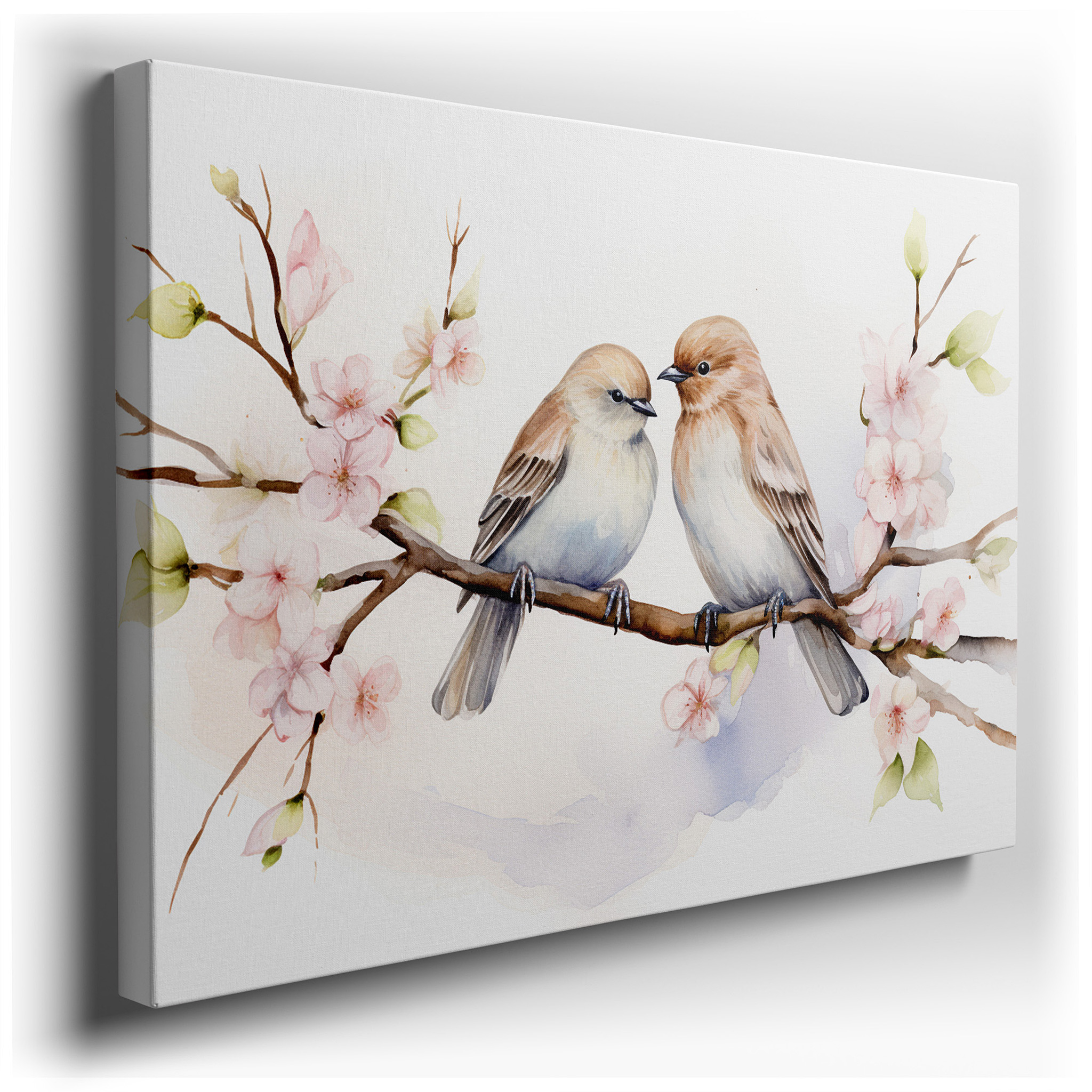 Tranquil Spring Scene with Birds on Blossoming Branches, Serene Nature Large Wall Art, Canvas Wall Decor for Office