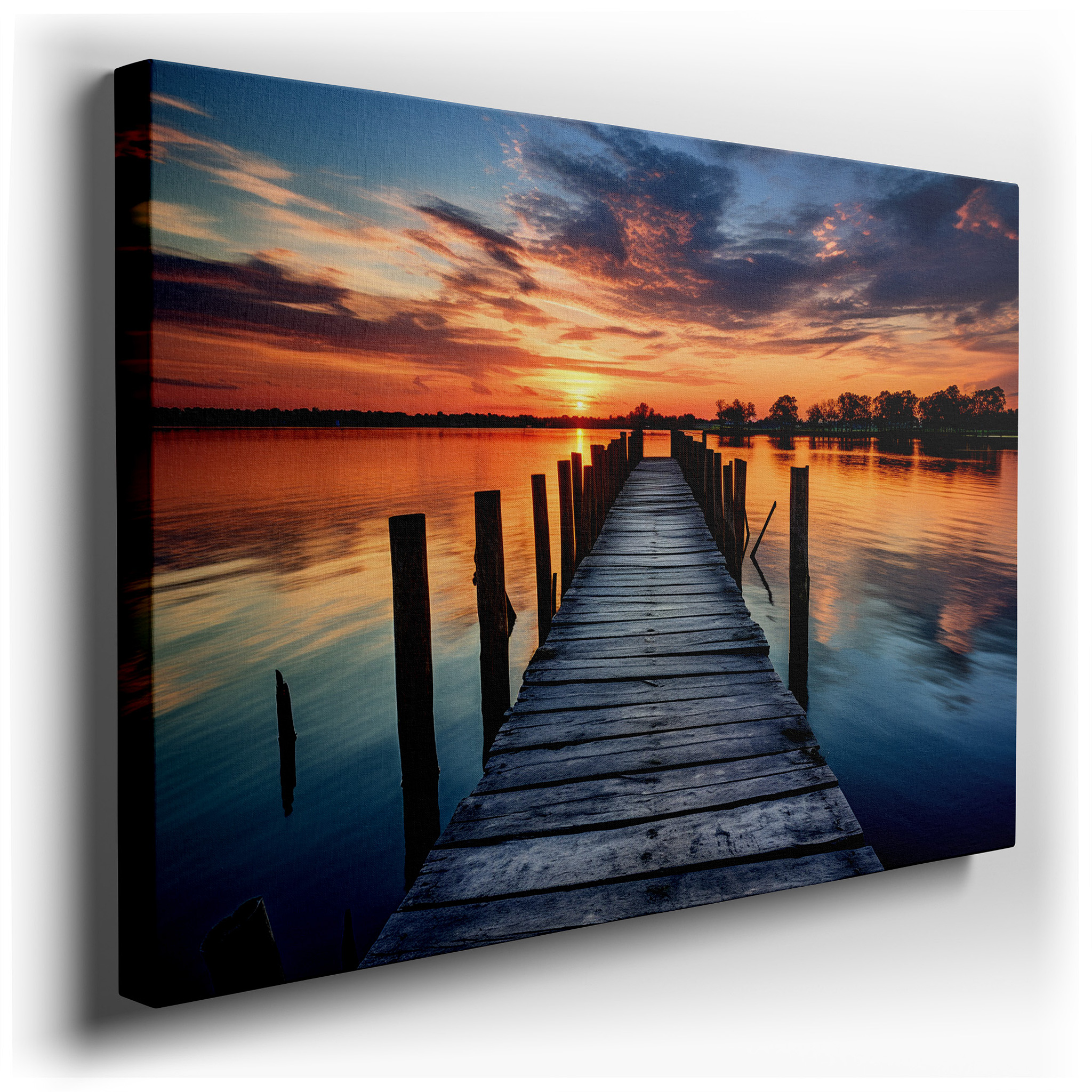 Tranquil Sunset and Rustic Dock Canvas Print - Serene Lake Reflection and Sky Wall Art for Office and Bedroom Decor