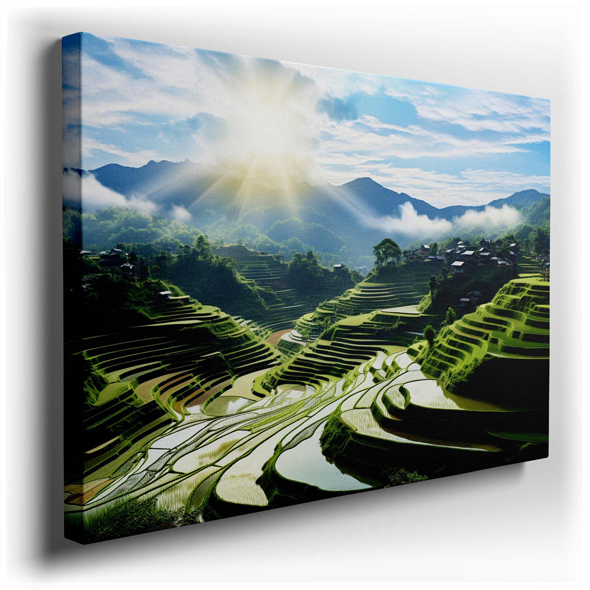 Tranquil Terraced Rice Fields and Sunlit Mountains Large Canvas Wall Art for Office, Bedroom, and Living Room Decor