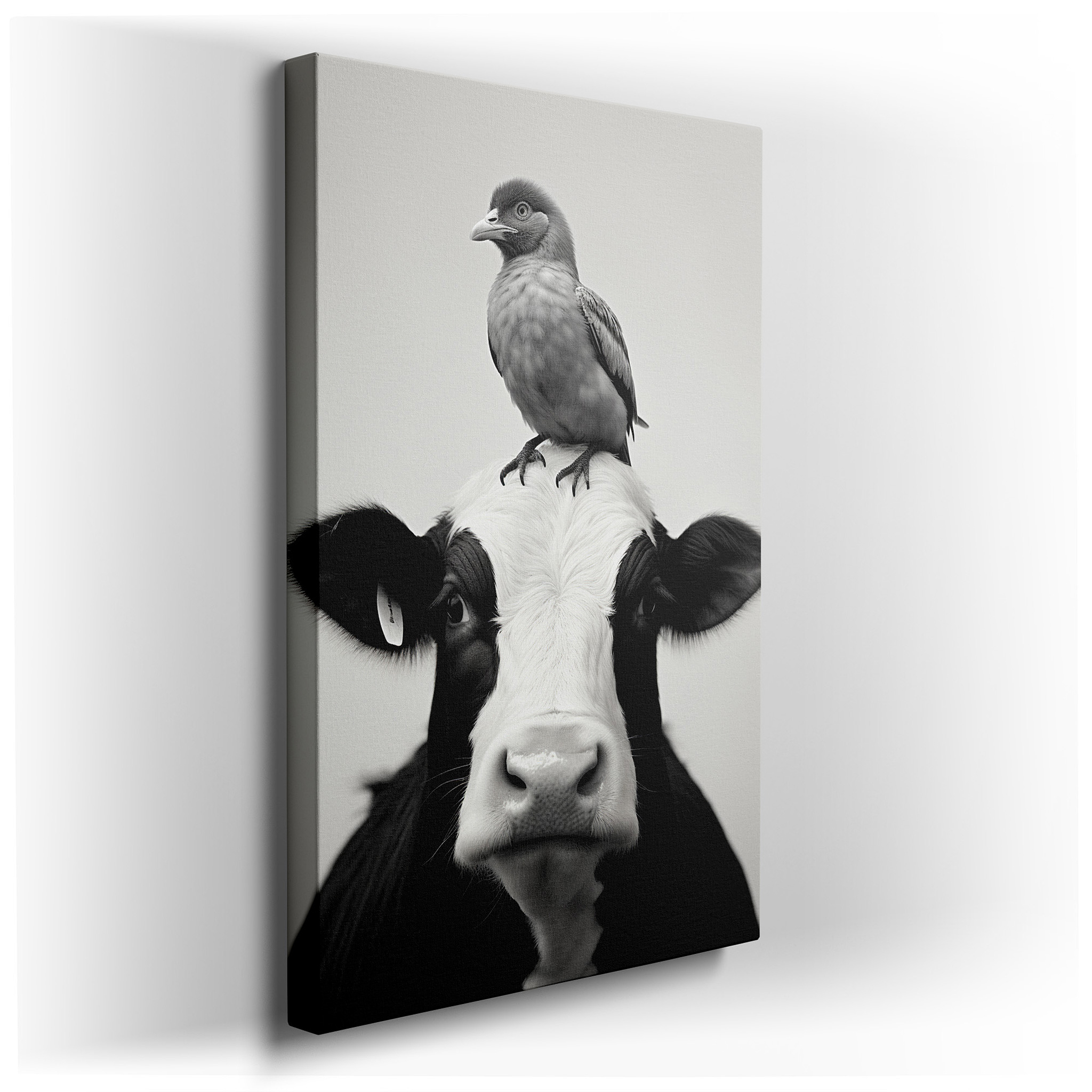 Tranquil Unity of Cow and Bird in Monochrome Harmony: Large Canvas Wall Art for Office, Bedroom, and Living Room Decor