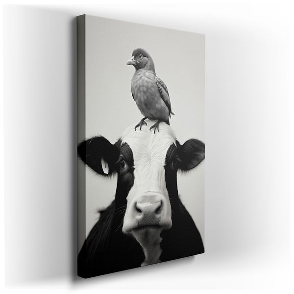 Tranquil Unity of Cow and Bird - Monochrome Canvas Art